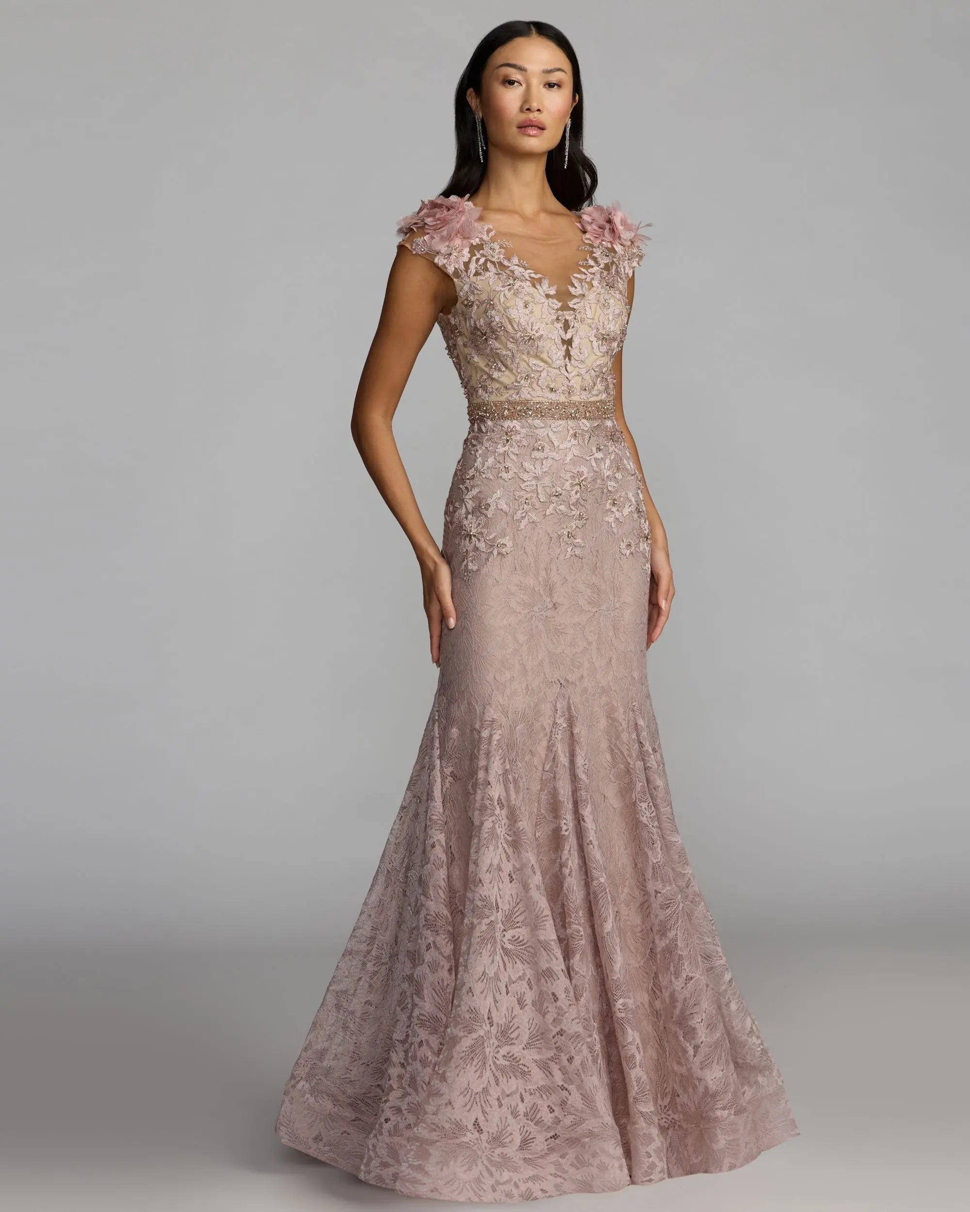 Pink Embellished Lace Illusion Neck Gown With 3D Flowers - Mac Duggal