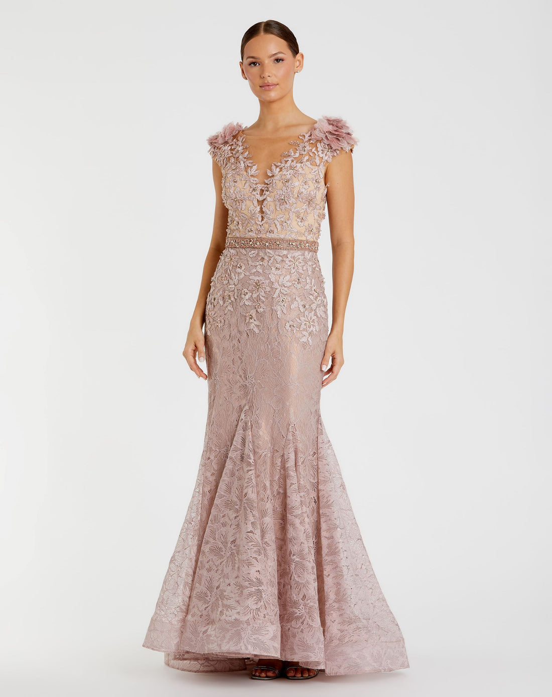 Embroidered Illusion Appliqued Bodice Trumpet Gown