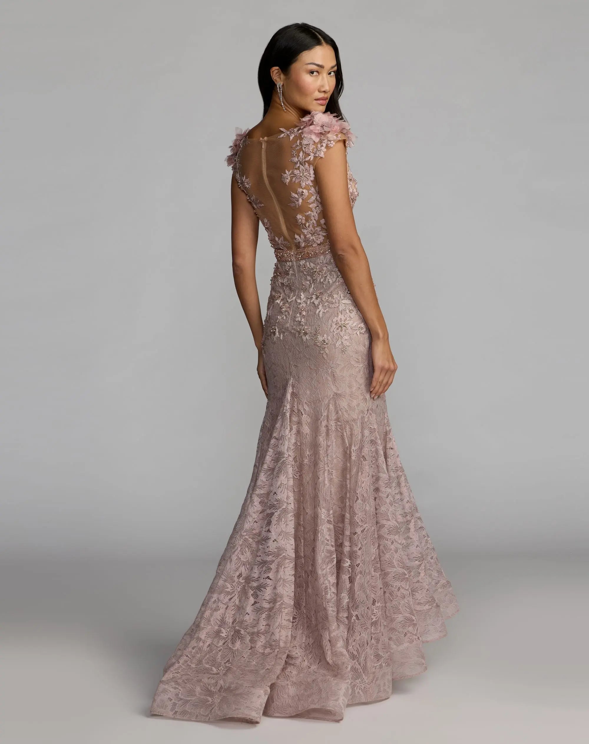 Pink Embellished Lace Illusion Neck Gown With 3D Flowers - Mac Duggal