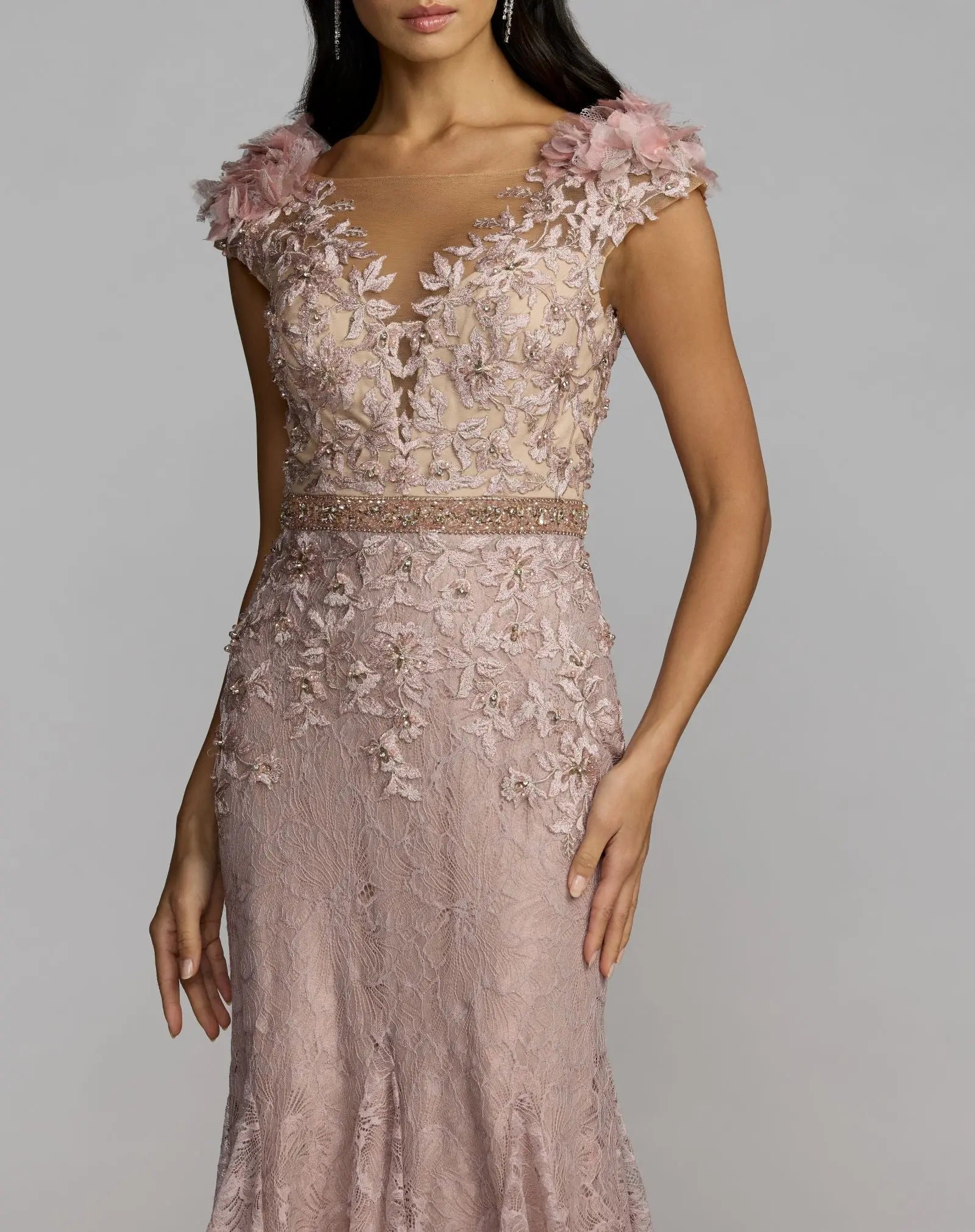 Pink Embellished Lace Illusion Neck Gown With 3D Flowers | Mac Duggal Pink Embellished Lace Illusion Neck Gown With 3D Flowers | Mac Duggal