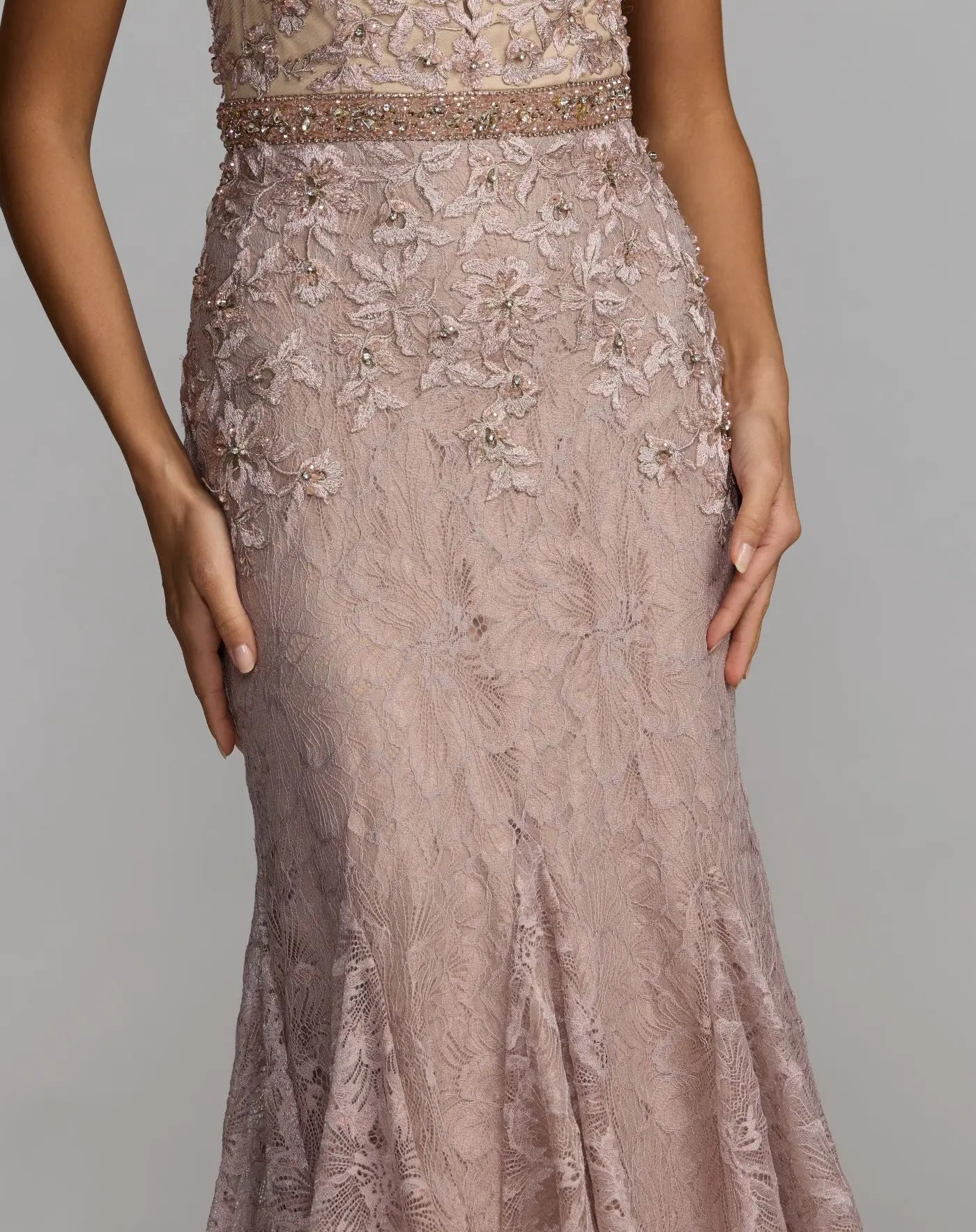 Pink Embellished Lace Illusion Neck Gown With 3D Flowers - Mac Duggal