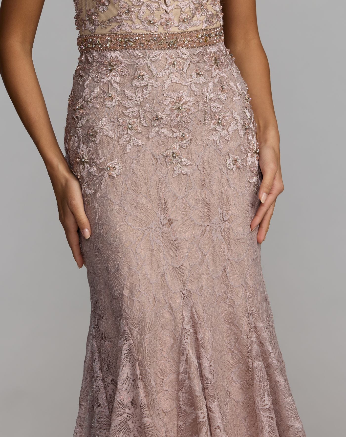 Pink Embellished Lace Illusion Neck Gown With 3D Flowers - Mac Duggal