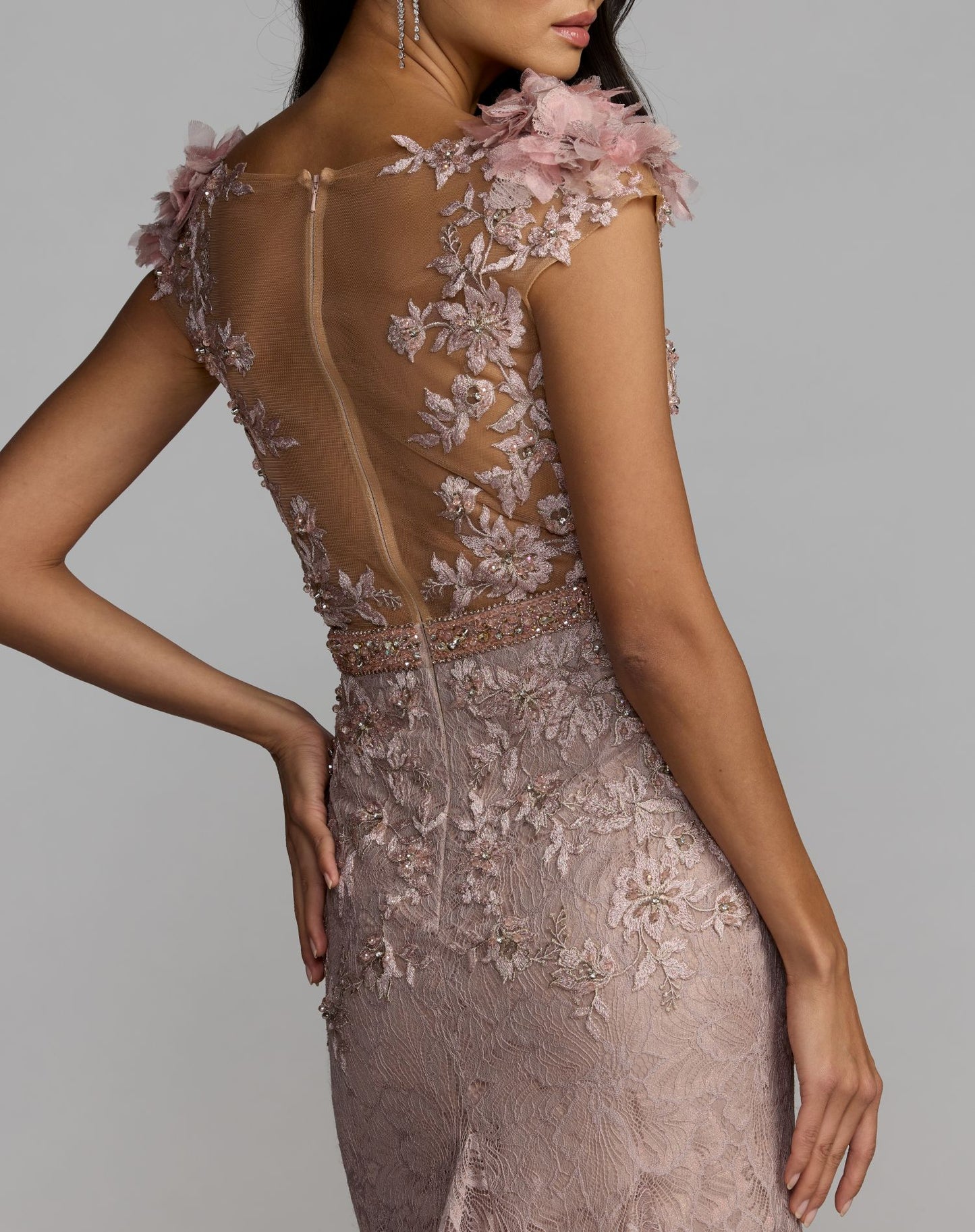 Pink Embellished Lace Illusion Neck Gown With 3D Flowers - Mac Duggal