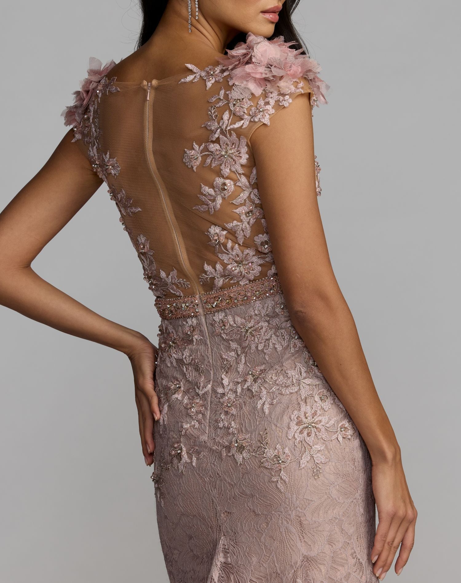 Pink Embellished Lace Illusion Neck Gown With 3D Flowers - Mac Duggal