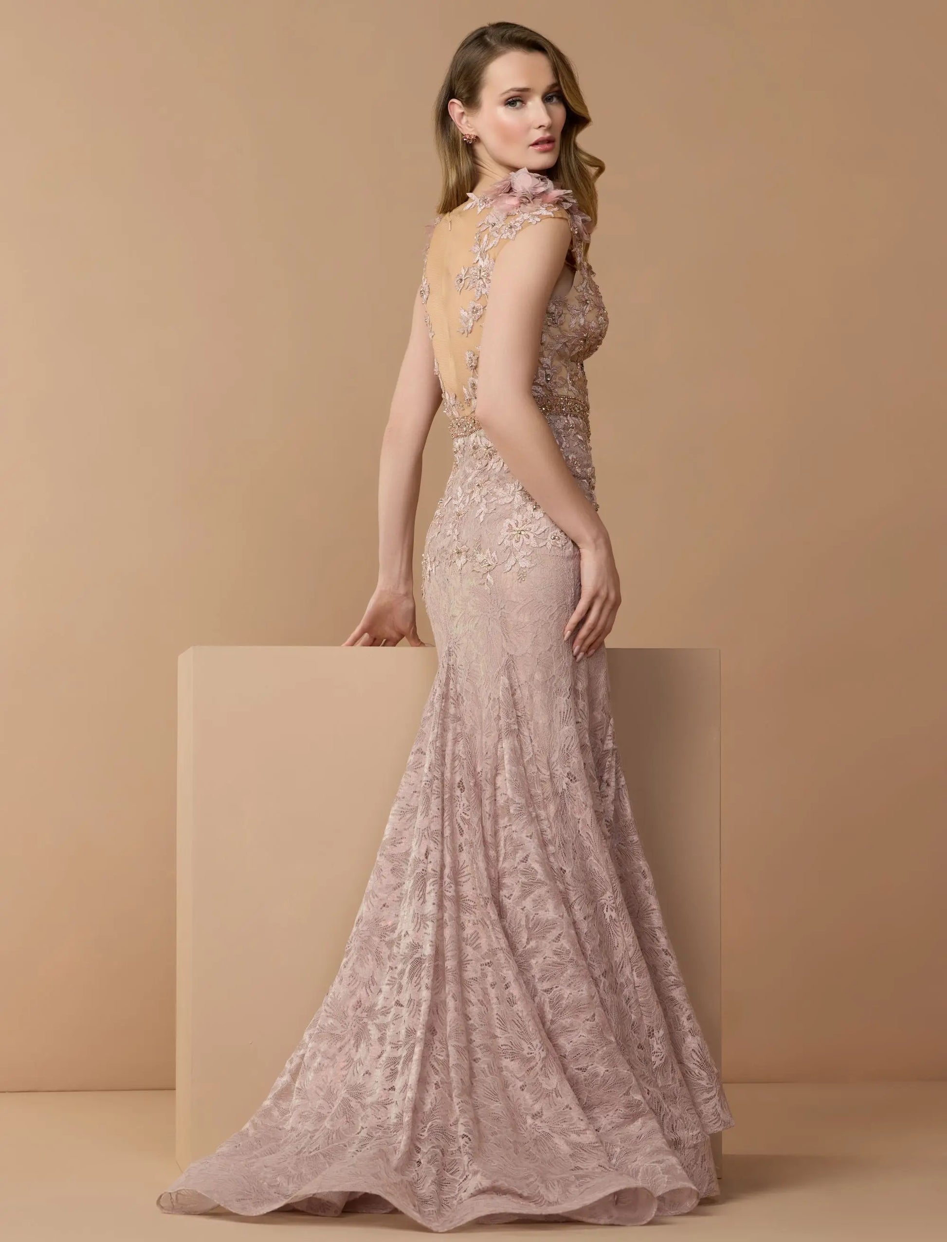 Pink Embellished Lace Illusion Neck Gown With 3D Flowers | Mac Duggal Pink Embellished Lace Illusion Neck Gown With 3D Flowers | Mac Duggal