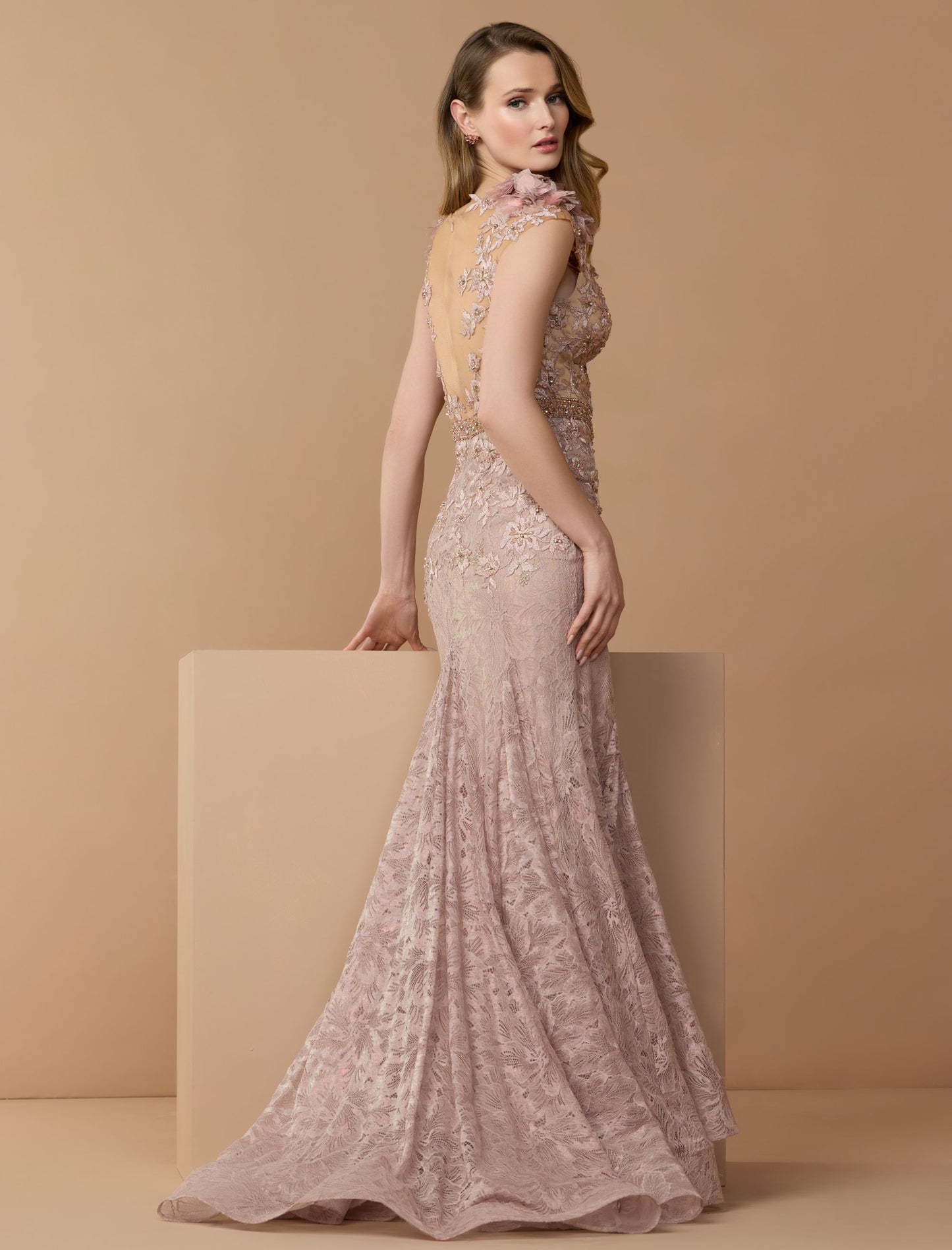 Pink Embellished Lace Illusion Neck Gown With 3D Flowers - Mac Duggal