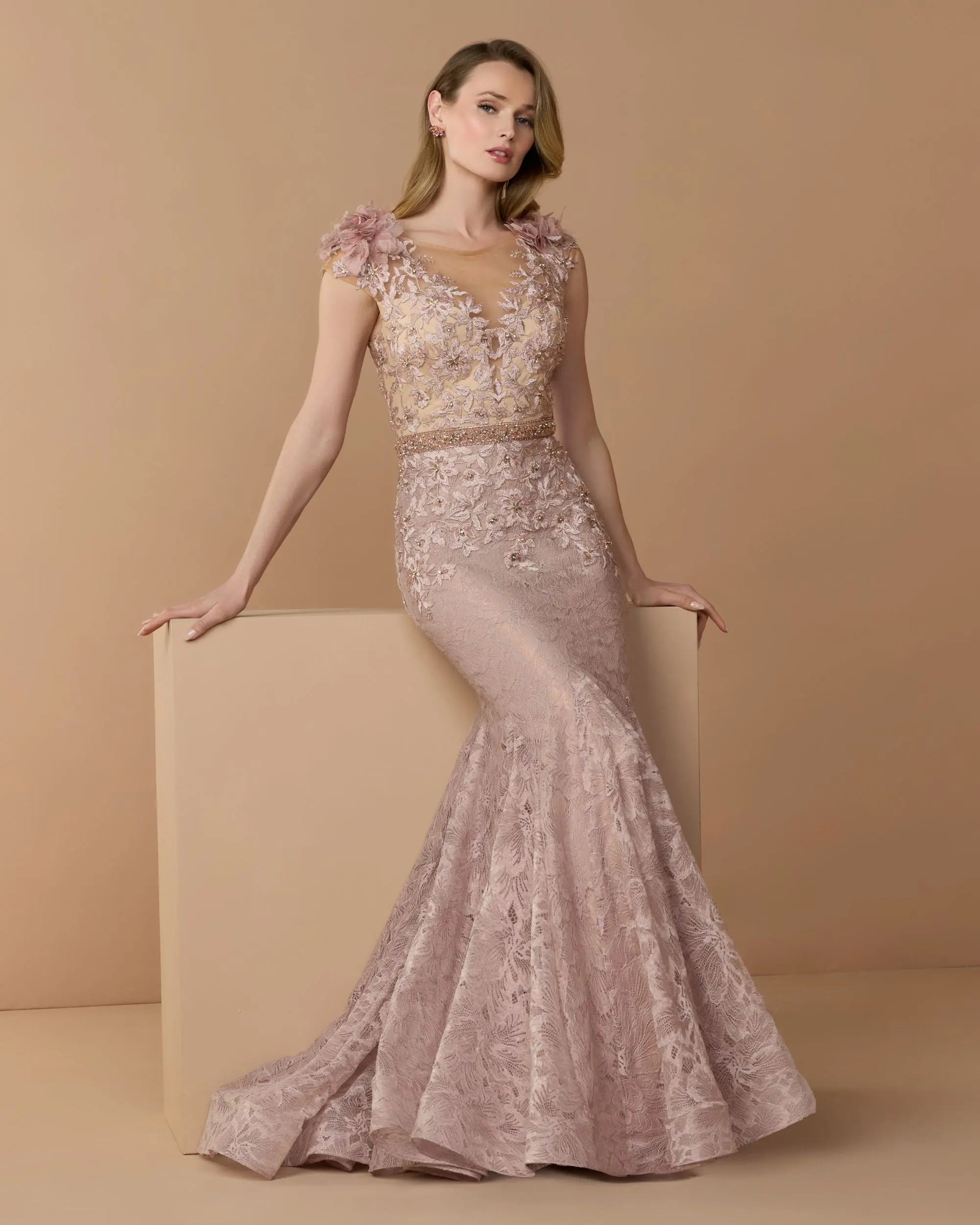 Pink Embellished Lace Illusion Neck Gown With 3D Flowers | Mac Duggal Pink Embellished Lace Illusion Neck Gown With 3D Flowers | Mac Duggal