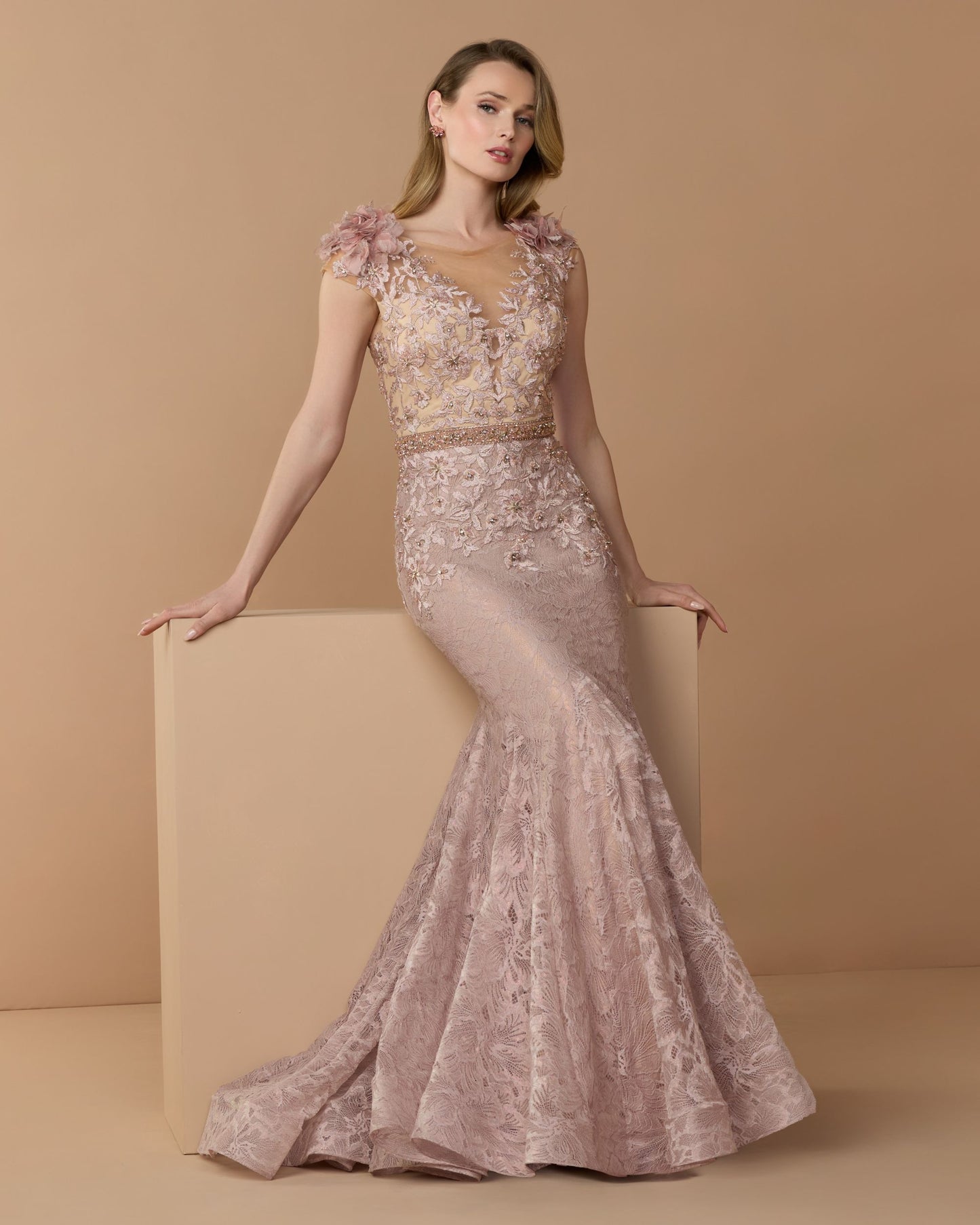 Pink Embellished Lace Illusion Neck Gown With 3D Flowers - Mac Duggal
