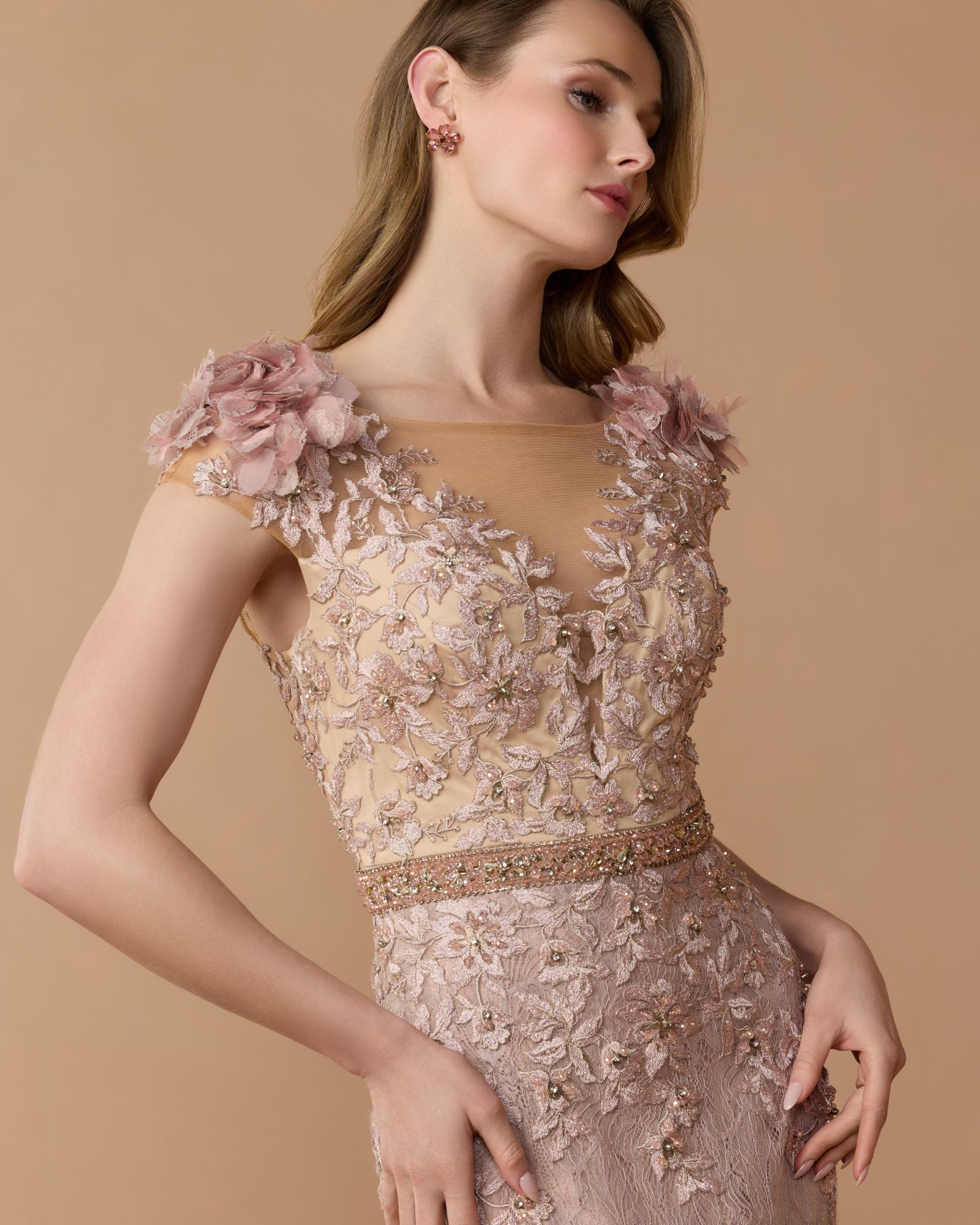 Pink Illusion Bodice Embroidered Trumpet Gown