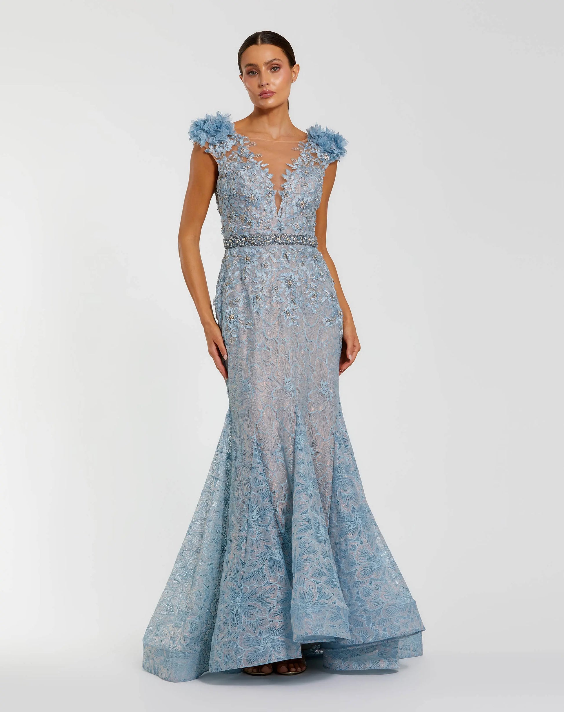Blue Embellished Lace Illusion Neck Gown With 3D Flowers | Mac Duggal Blue Embellished Lace Illusion Neck Gown With 3D Flowers | Mac Duggal