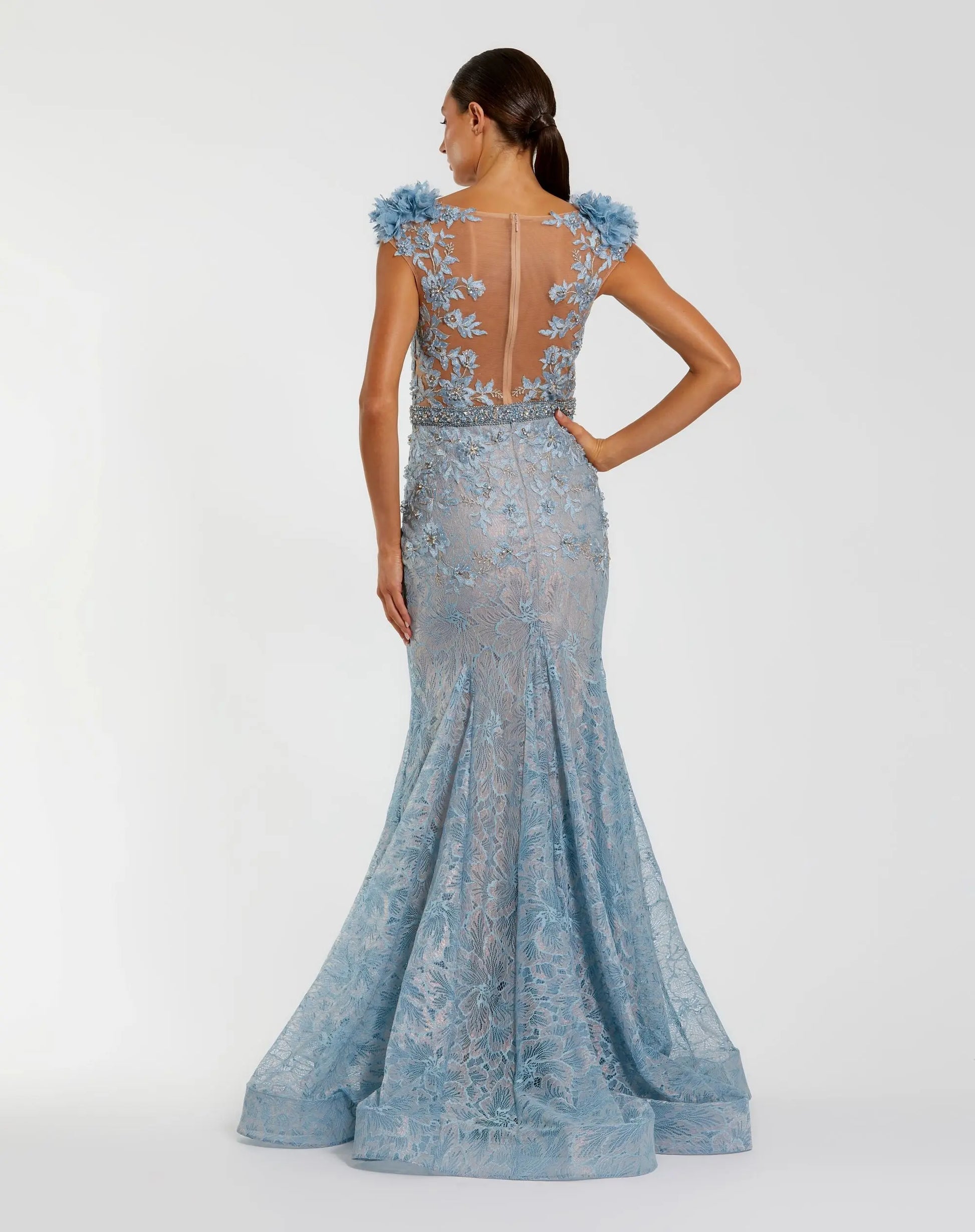 Blue Embellished Lace Illusion Neck Gown With 3D Flowers | Mac Duggal Blue Embellished Lace Illusion Neck Gown With 3D Flowers | Mac Duggal