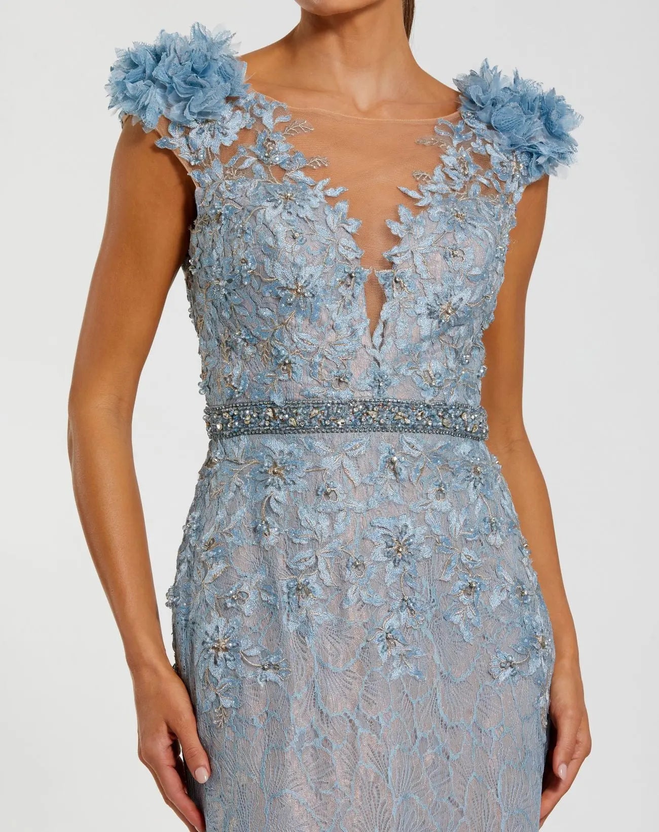 Blue Embellished Lace Illusion Neck Gown With 3D Flowers | Mac Duggal Blue Embellished Lace Illusion Neck Gown With 3D Flowers | Mac Duggal