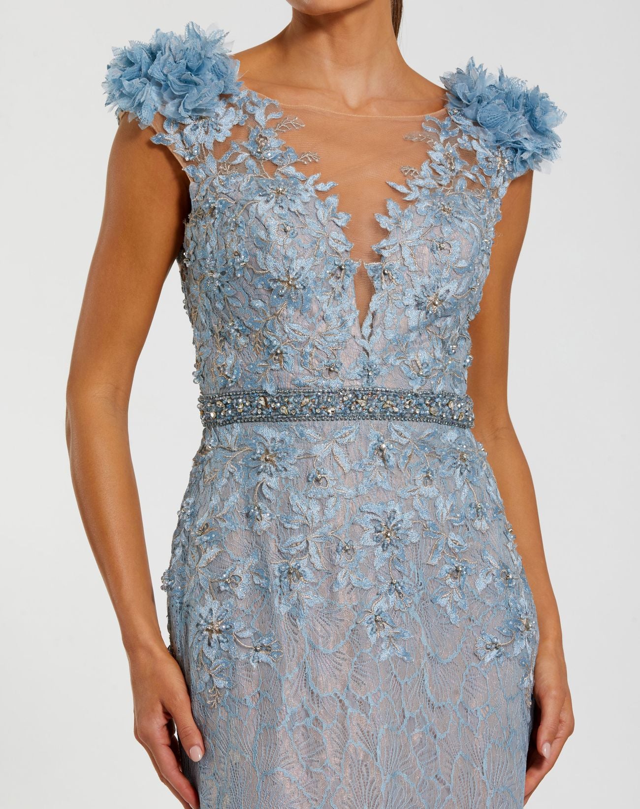Blue Embroidered Illusion Appliqued Bodice Trumpet Gown - Mac Duggal
