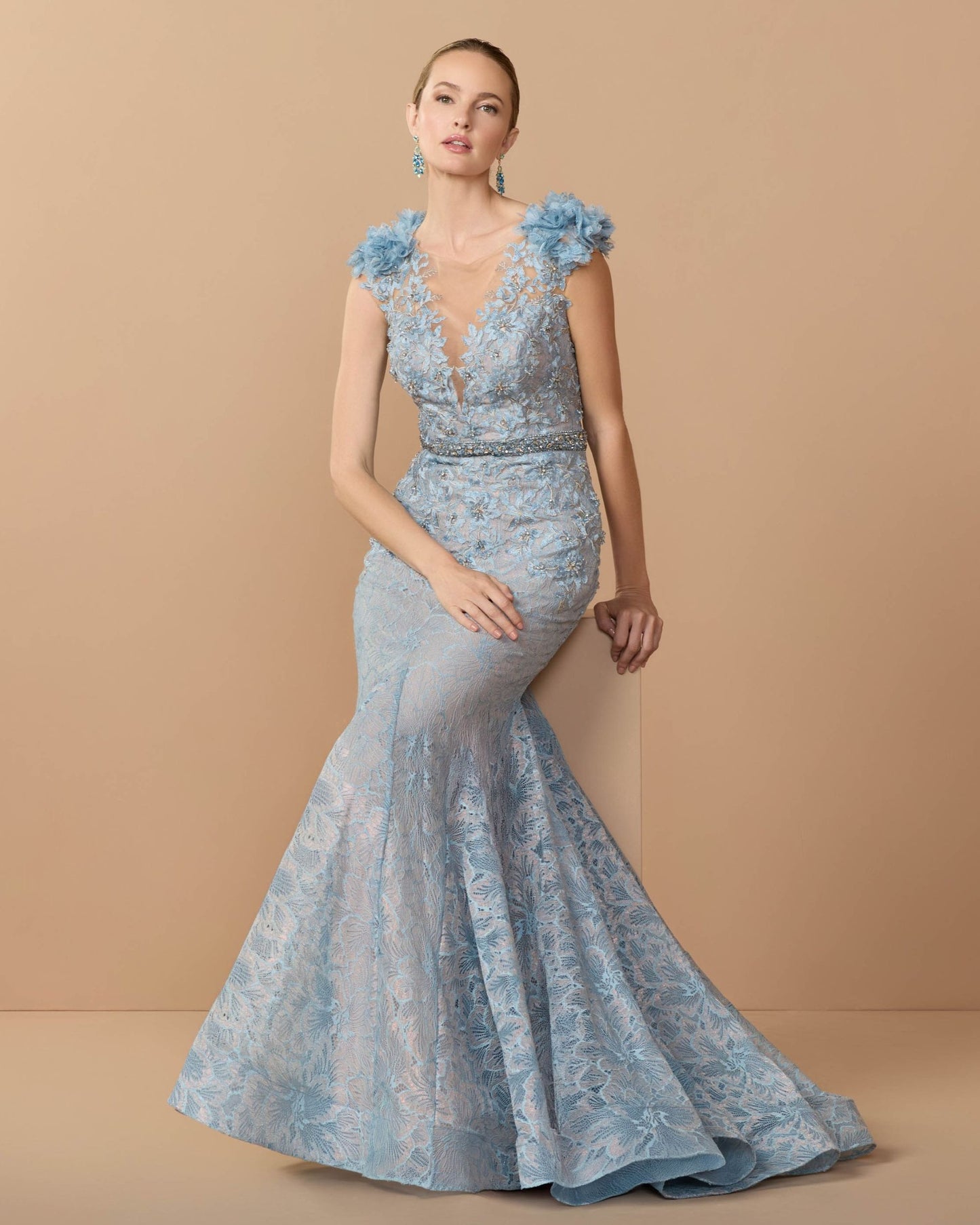 Blue Embroidered Illusion Appliqued Bodice Trumpet Gown - Mac Duggal