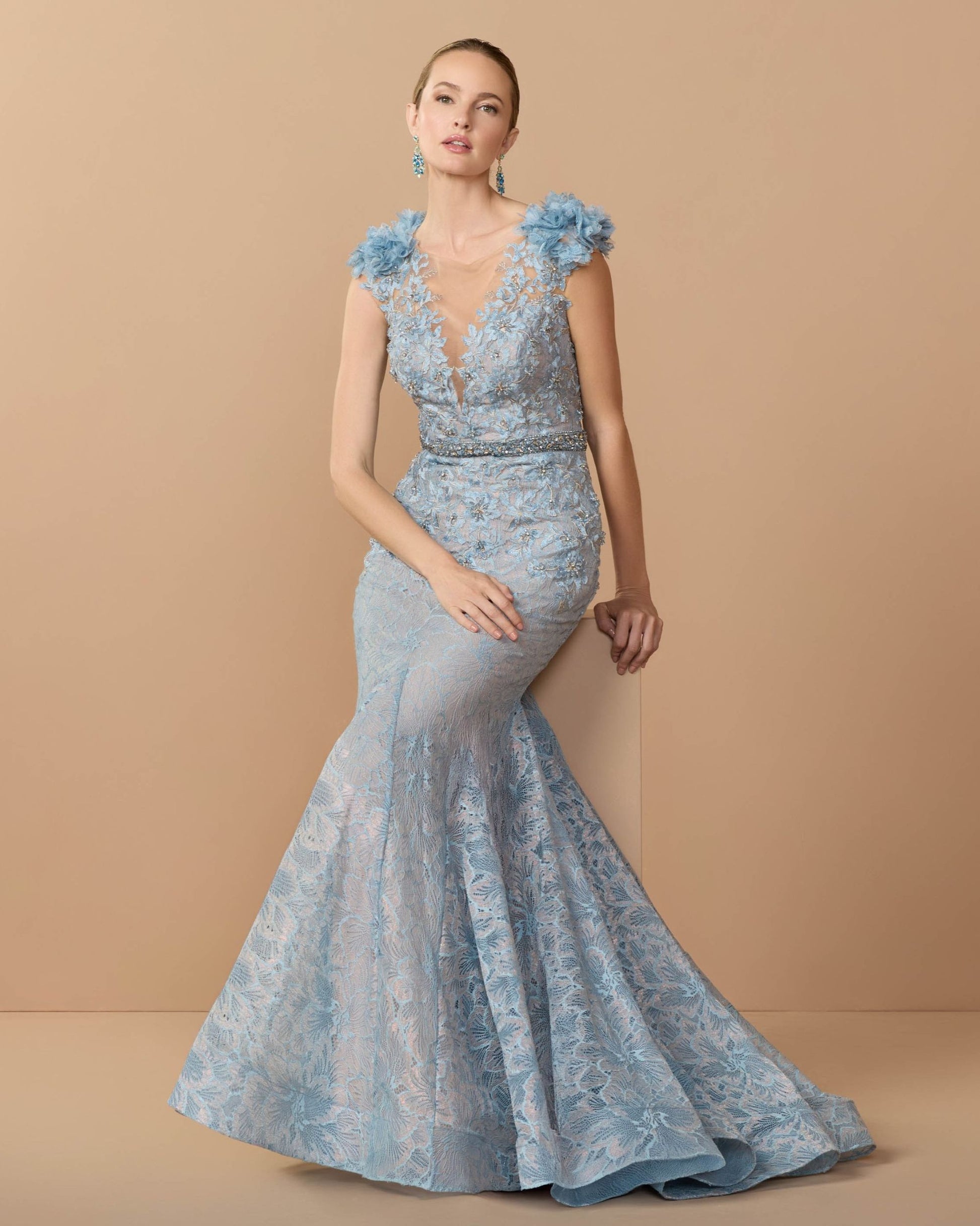 Blue Embroidered Illusion Appliqued Bodice Trumpet Gown - Mac Duggal