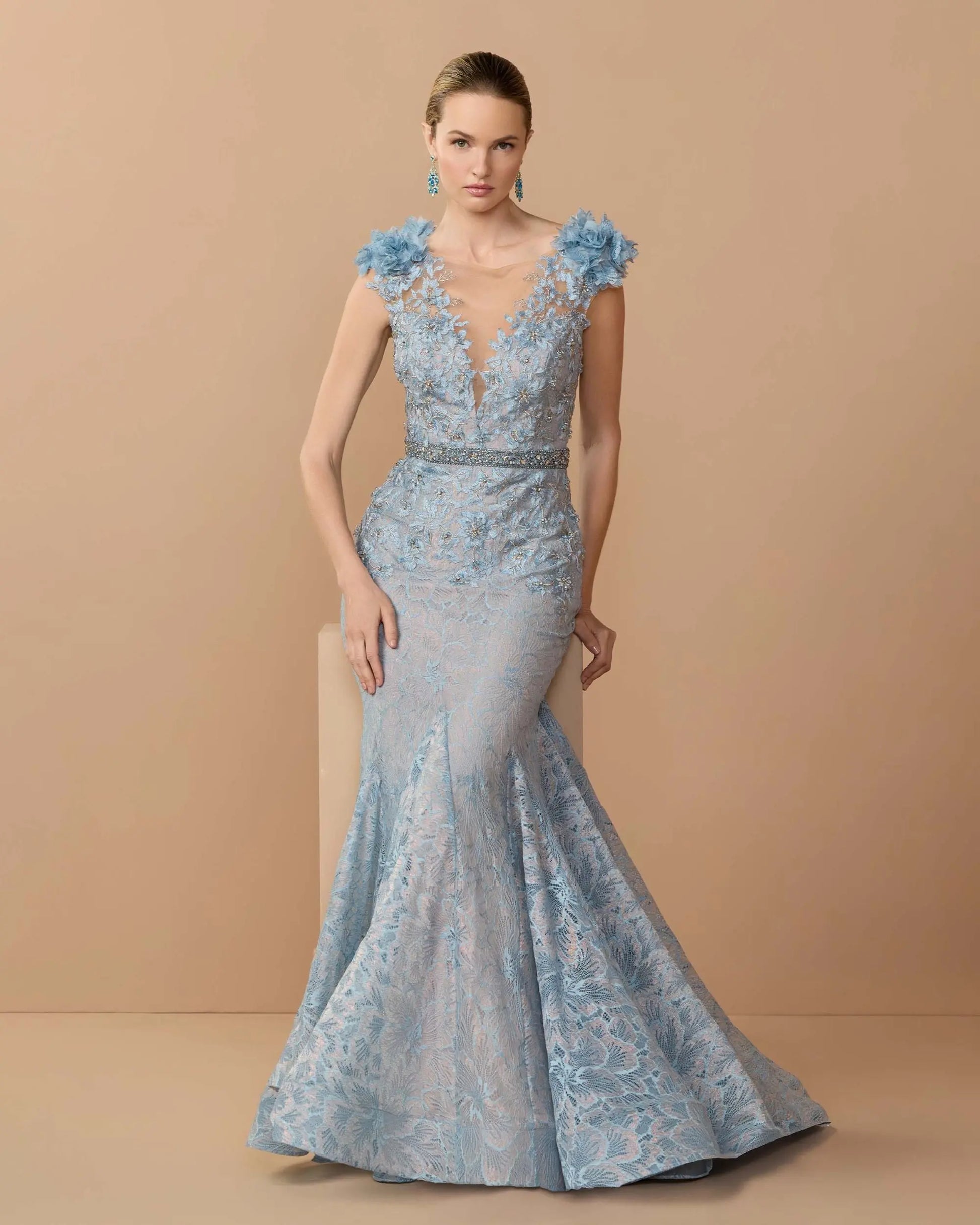 Blue Embellished Lace Illusion Neck Gown With 3D Flowers - Mac Duggal
