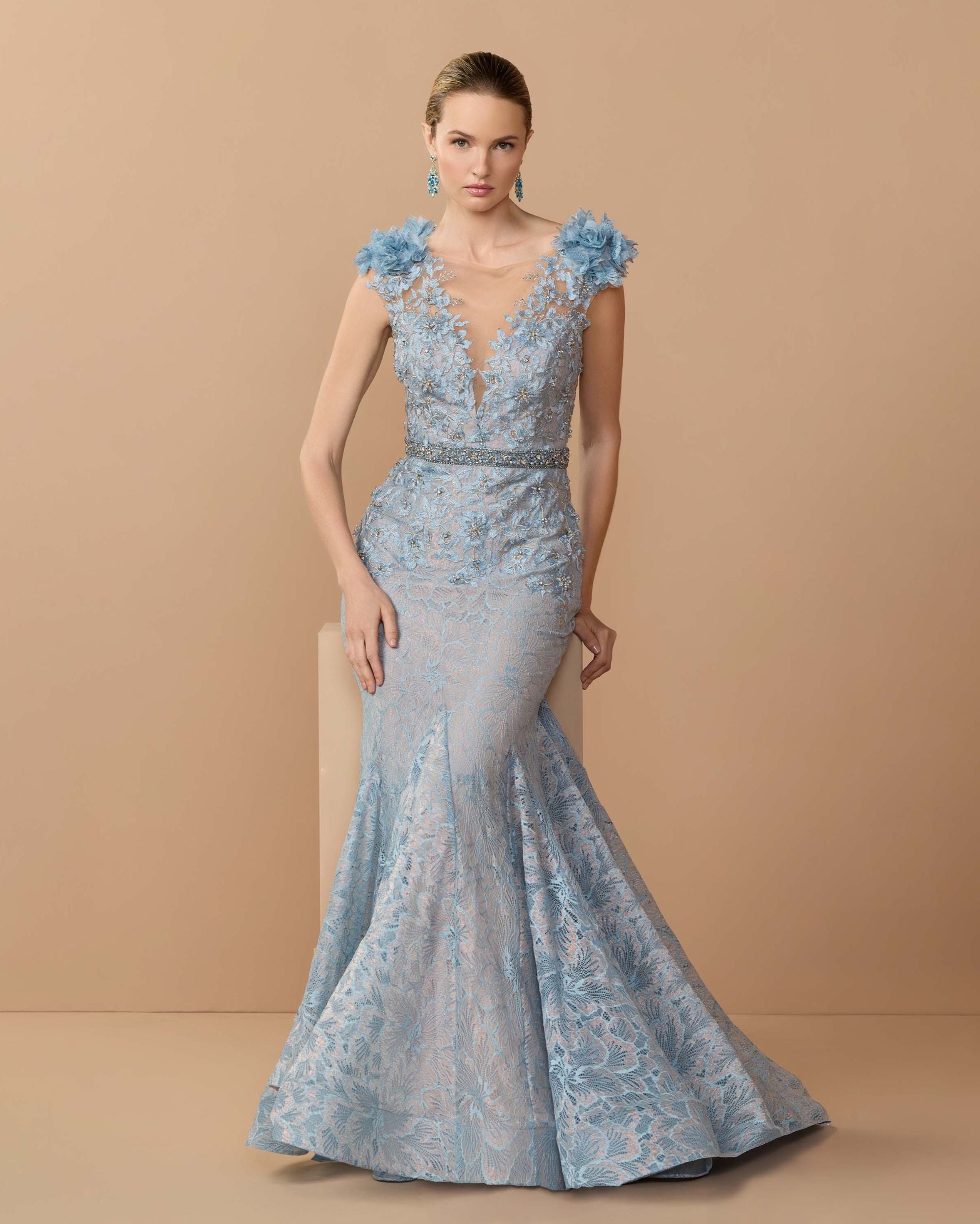 Blue Embellished Lace Illusion Neck Gown With 3D Flowers - Mac Duggal