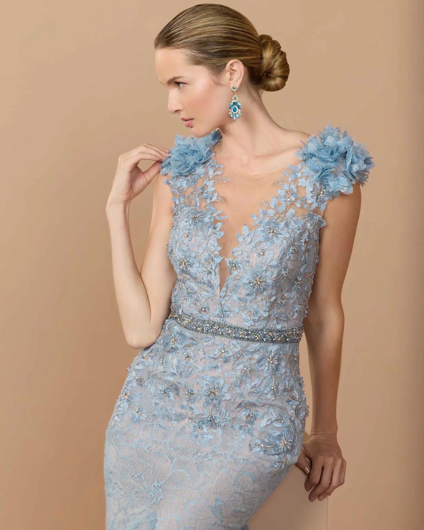 Blue Embellished Lace Illusion Neck Gown With 3D Flowers - Mac Duggal