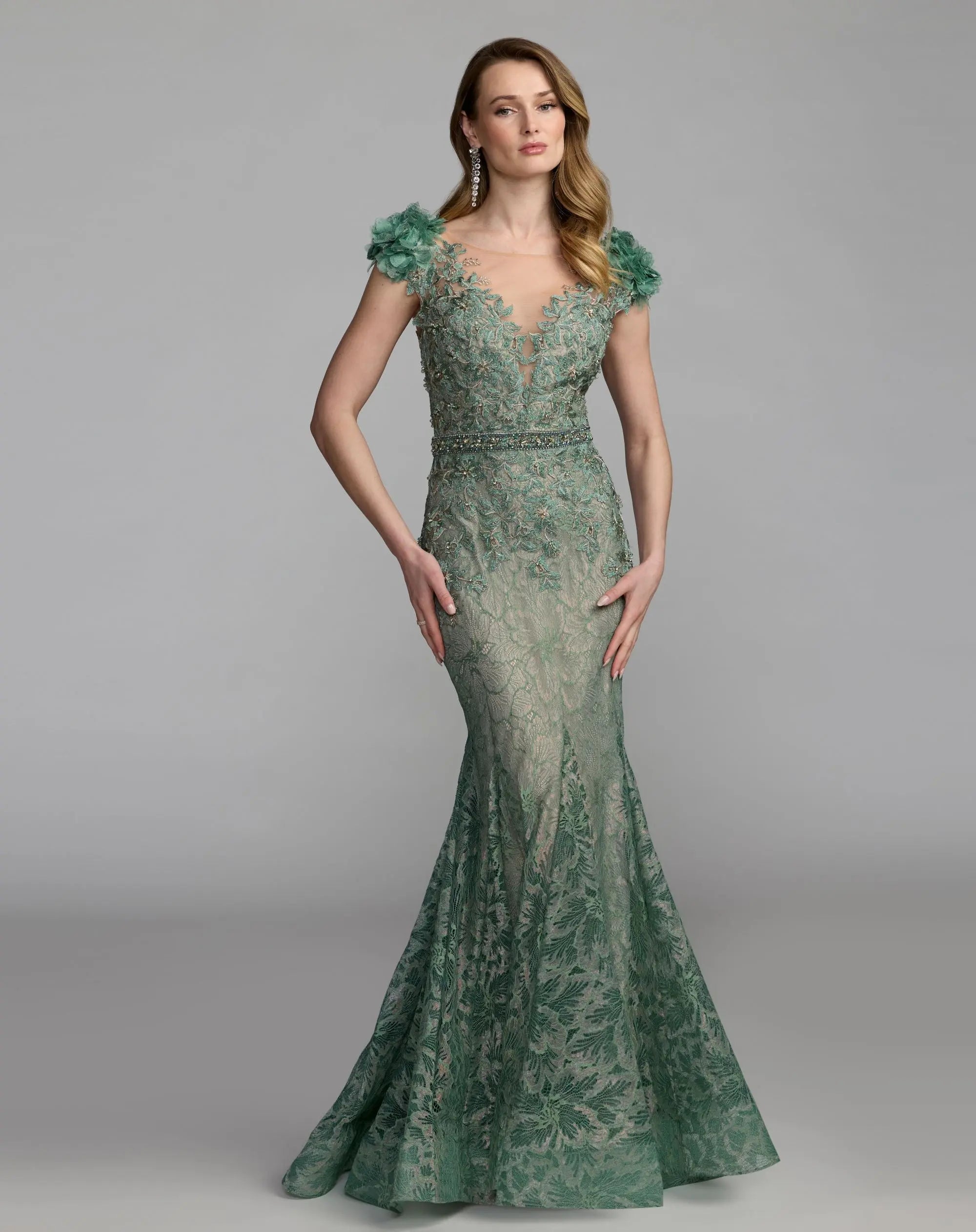 Green Embellished Lace Illusion Neck Gown With 3D Flowers - Mac Duggal