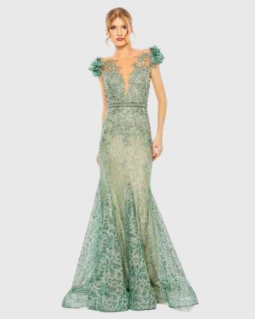 Green Embroidered Illusion Appliqued Bodice Trumpet Gown - Mac Duggal