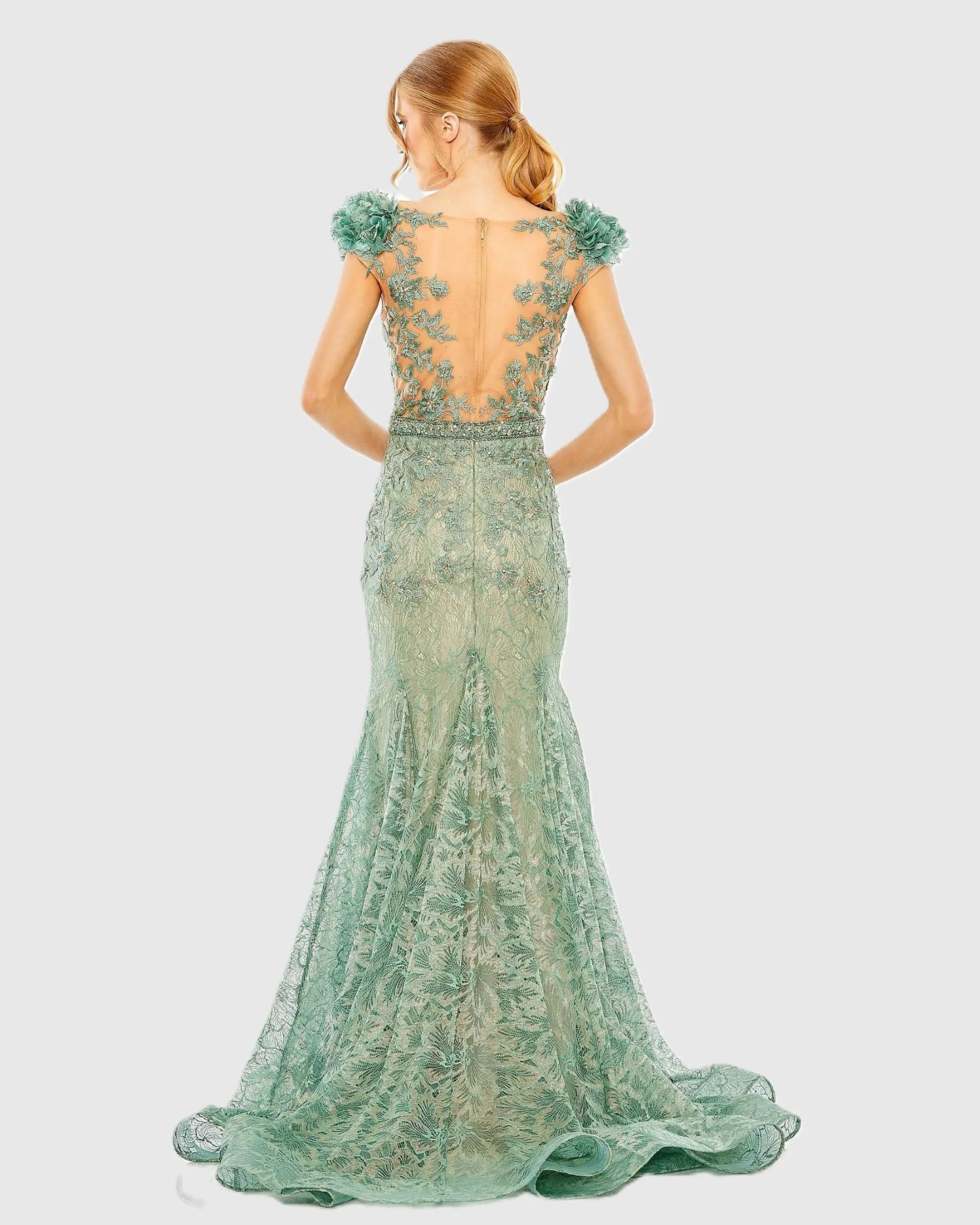 Green Embroidered Illusion Appliqued Bodice Trumpet Gown - Mac Duggal
