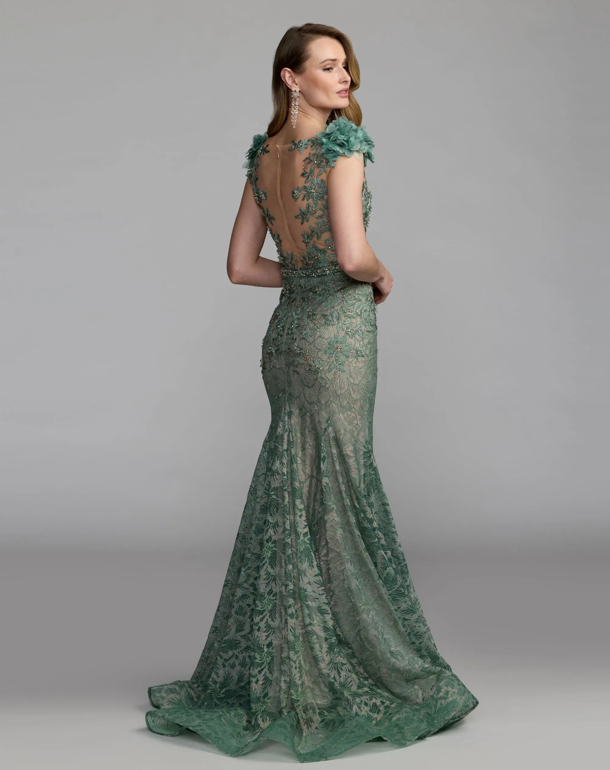 Green Embellished Lace Illusion Neck Gown With 3D Flowers - Mac Duggal