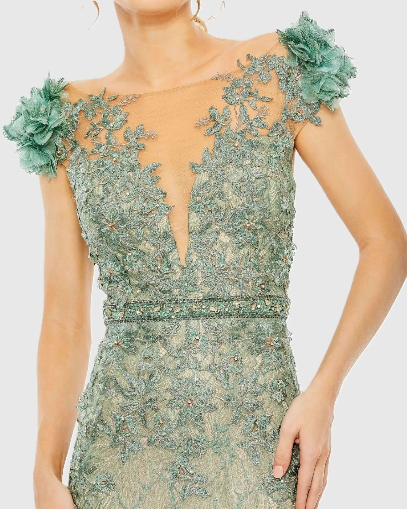Green Embroidered Illusion Appliqued Bodice Trumpet Gown - Mac Duggal