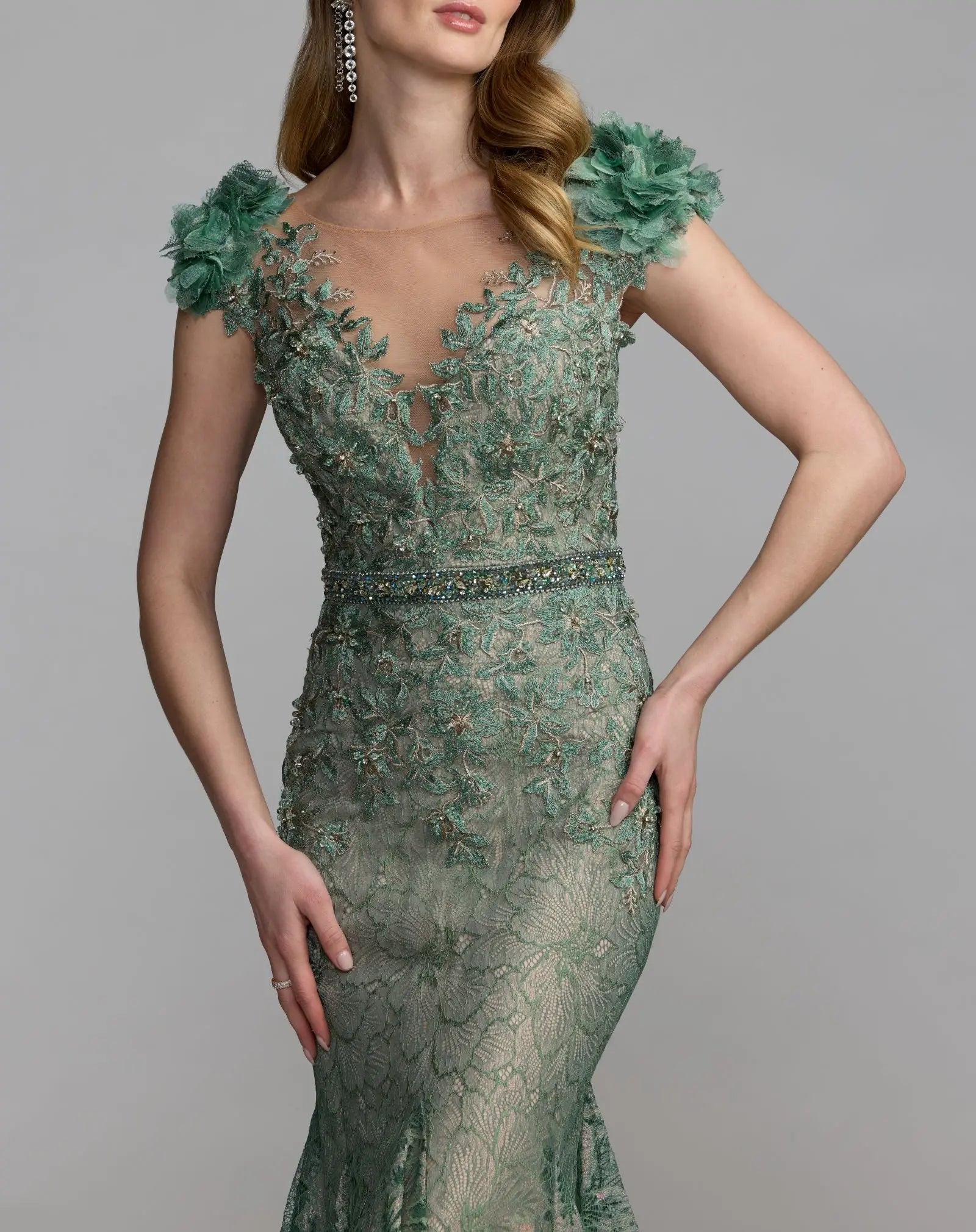 Green Embellished Lace Illusion Neck Gown With 3D Flowers - Mac Duggal