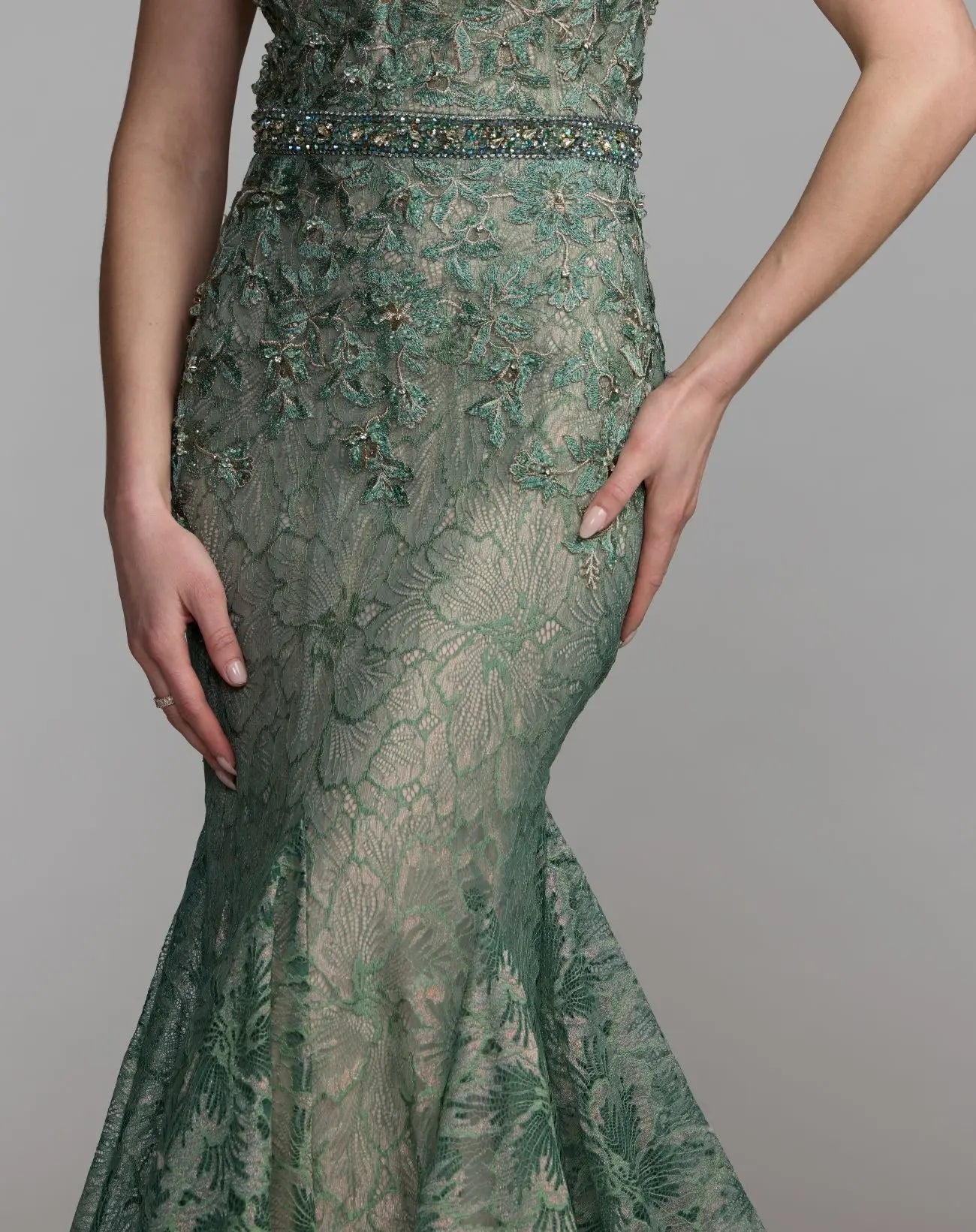 Green Embellished Lace Illusion Neck Gown With 3D Flowers - Mac Duggal