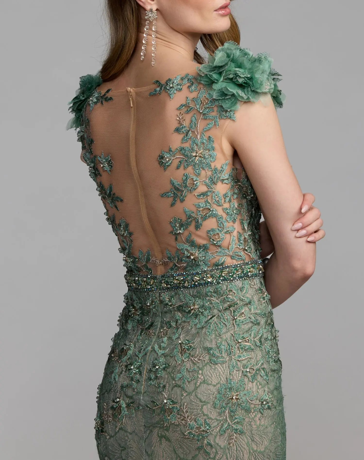 Green Embellished Lace Illusion Neck Gown With 3D Flowers - Mac Duggal