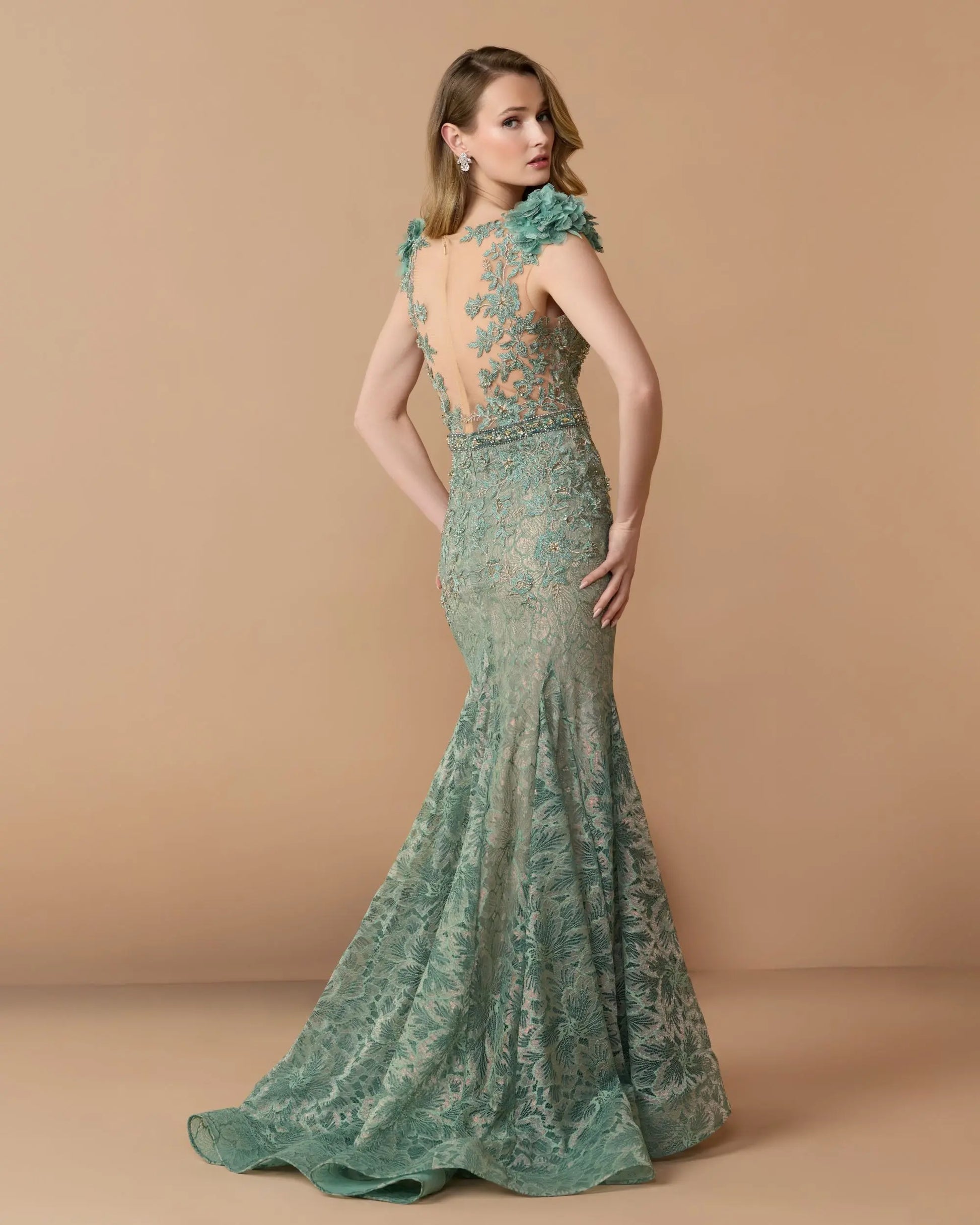 Green Embellished Lace Illusion Neck Gown With 3D Flowers - Mac Duggal