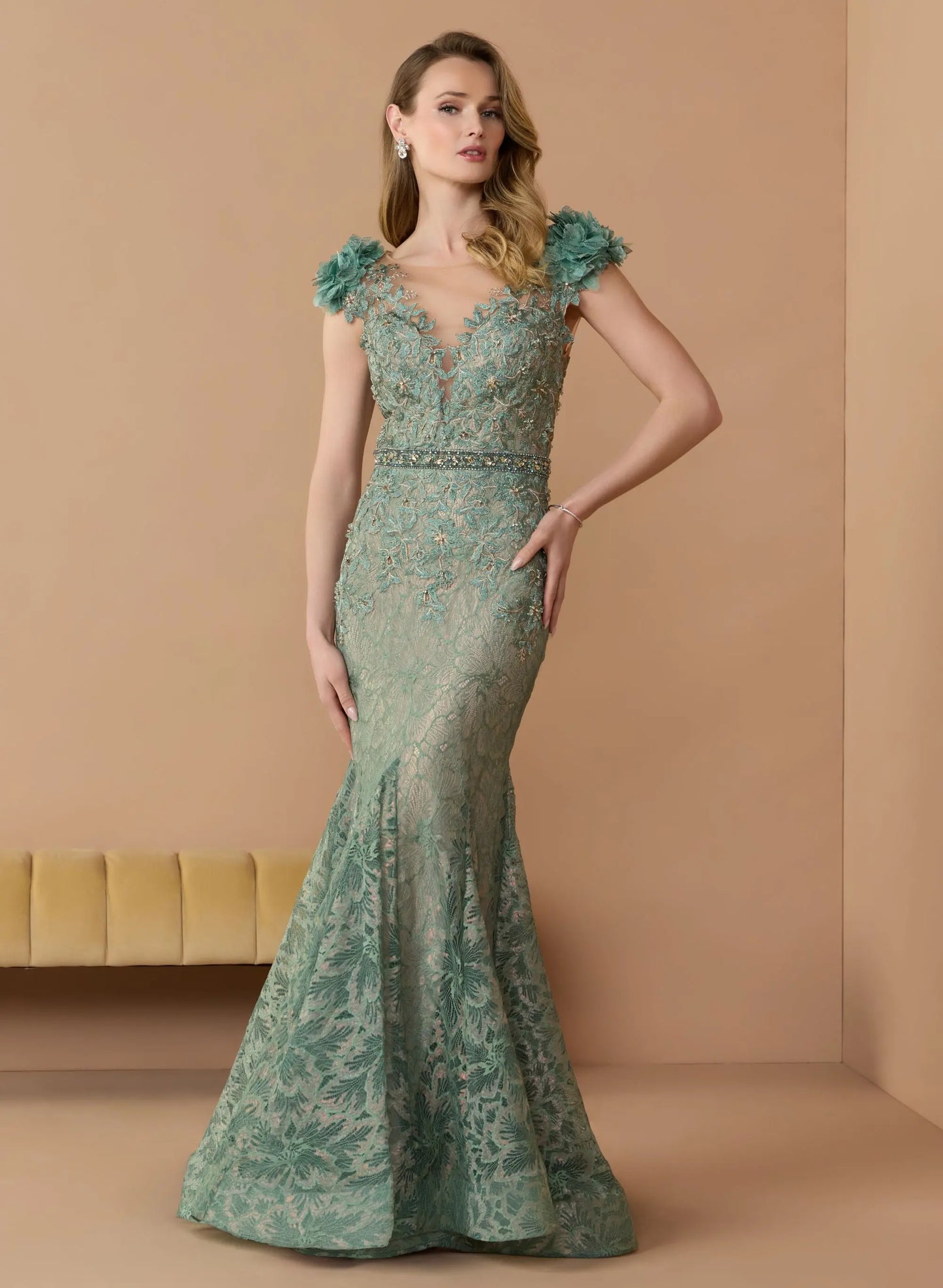 Green Embellished Lace Illusion Neck Gown With 3D Flowers - Mac Duggal