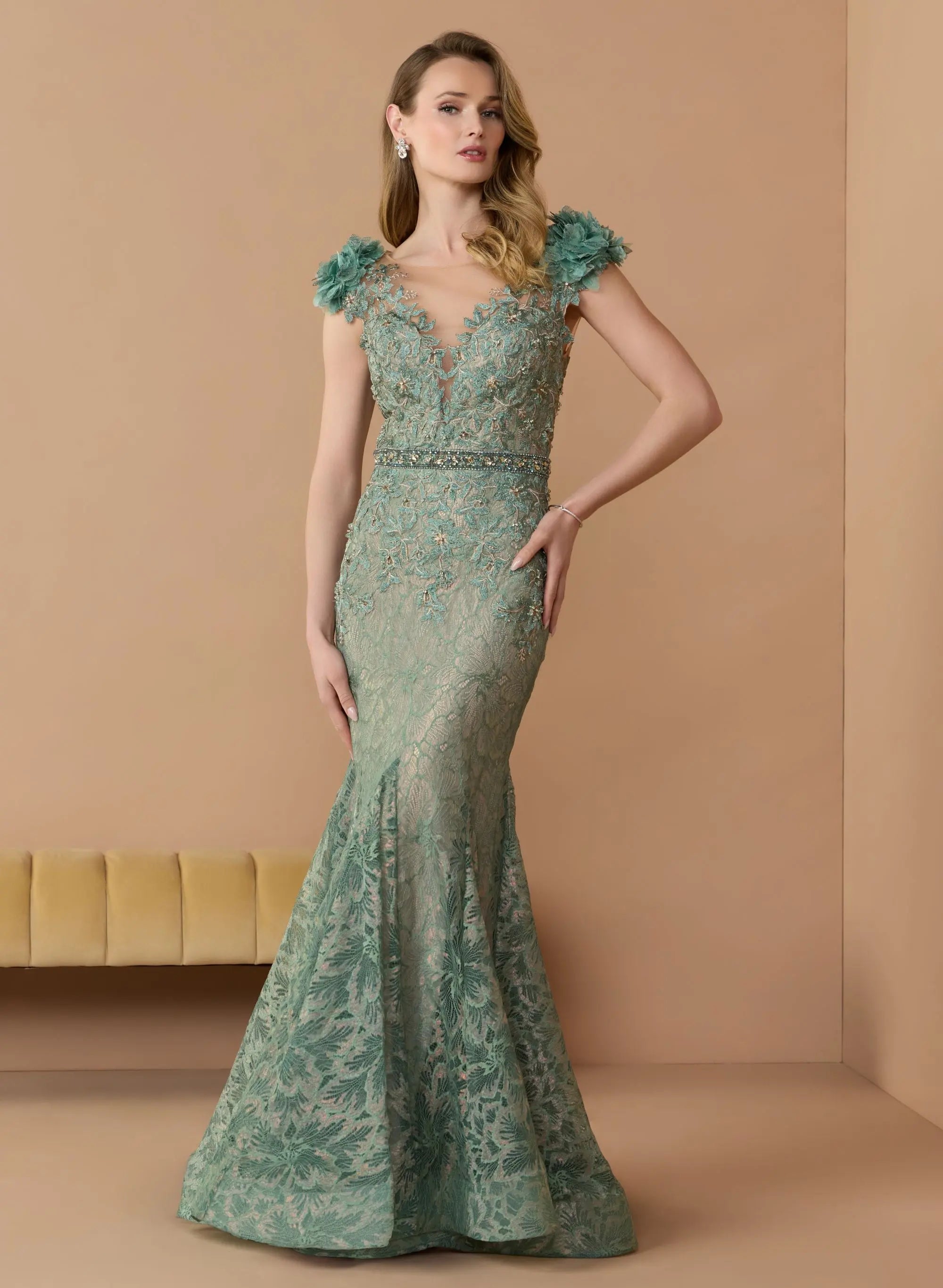 Green Embellished Lace Illusion Neck Gown With 3D Flowers - Mac Duggal