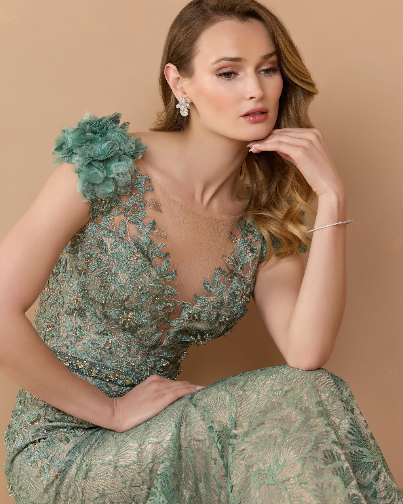 Green Illusion Bodice Embroidered Trumpet Gown