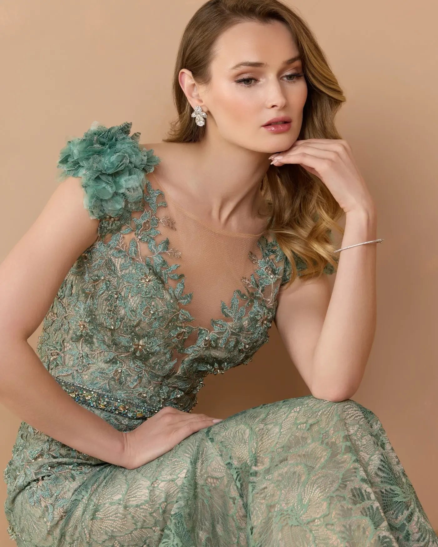 Green Embellished Lace Illusion Neck Gown With 3D Flowers - Mac Duggal