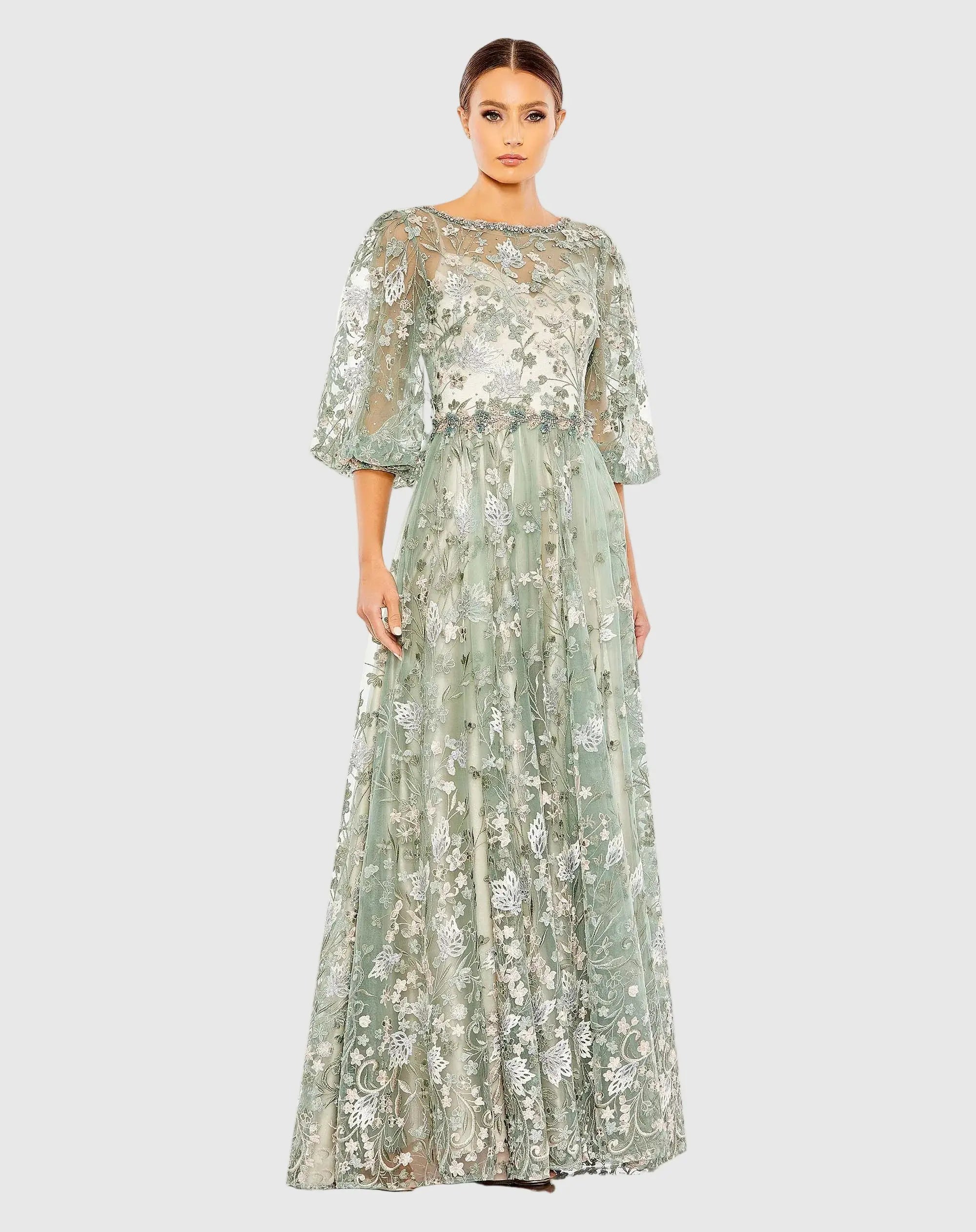 Green Embroidered High Neck A-Line Gown With 3/4 Puff Sleeves - Mac Duggal