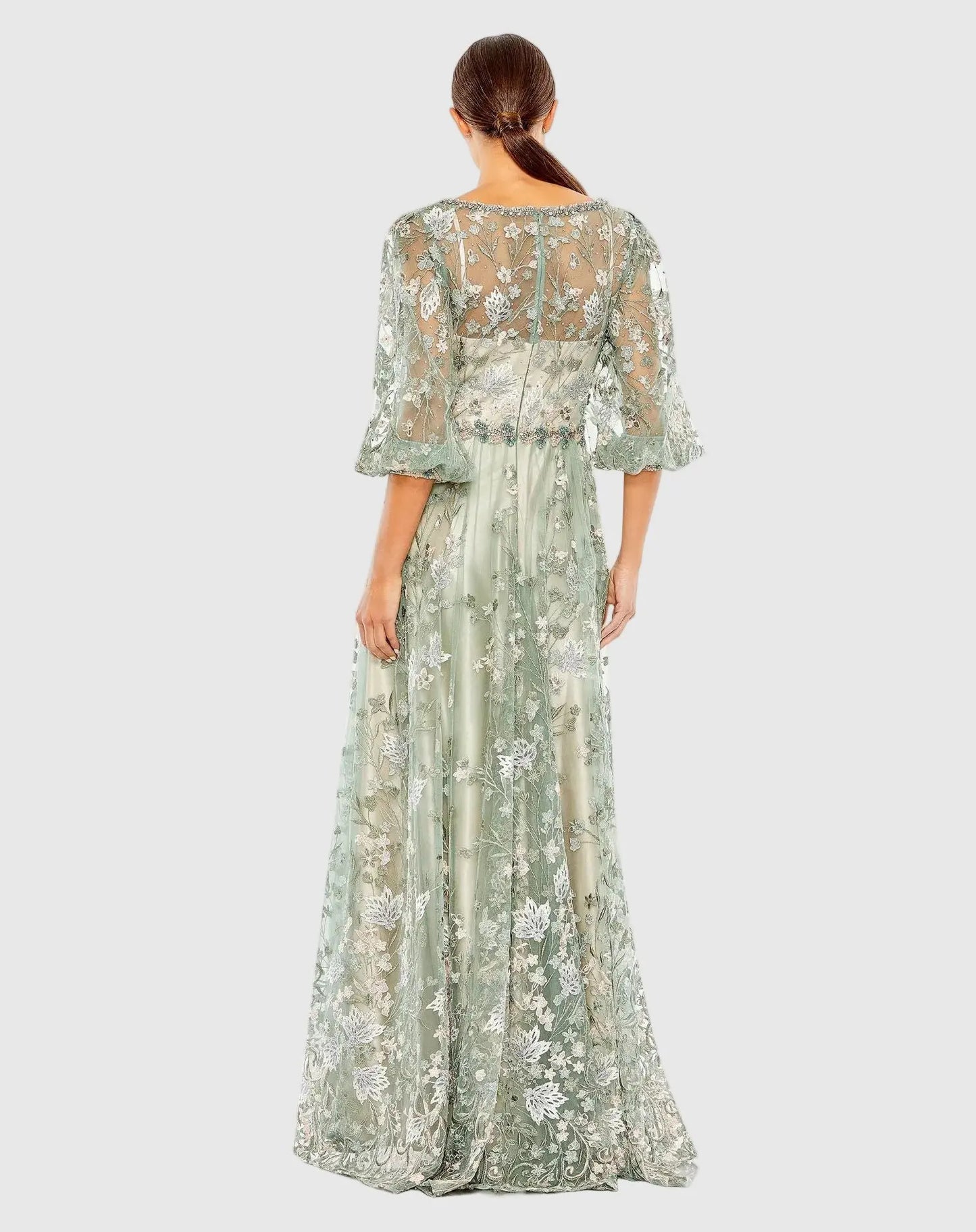 Green Embroidered High Neck A-Line Gown With 3/4 Puff Sleeves - Mac Duggal