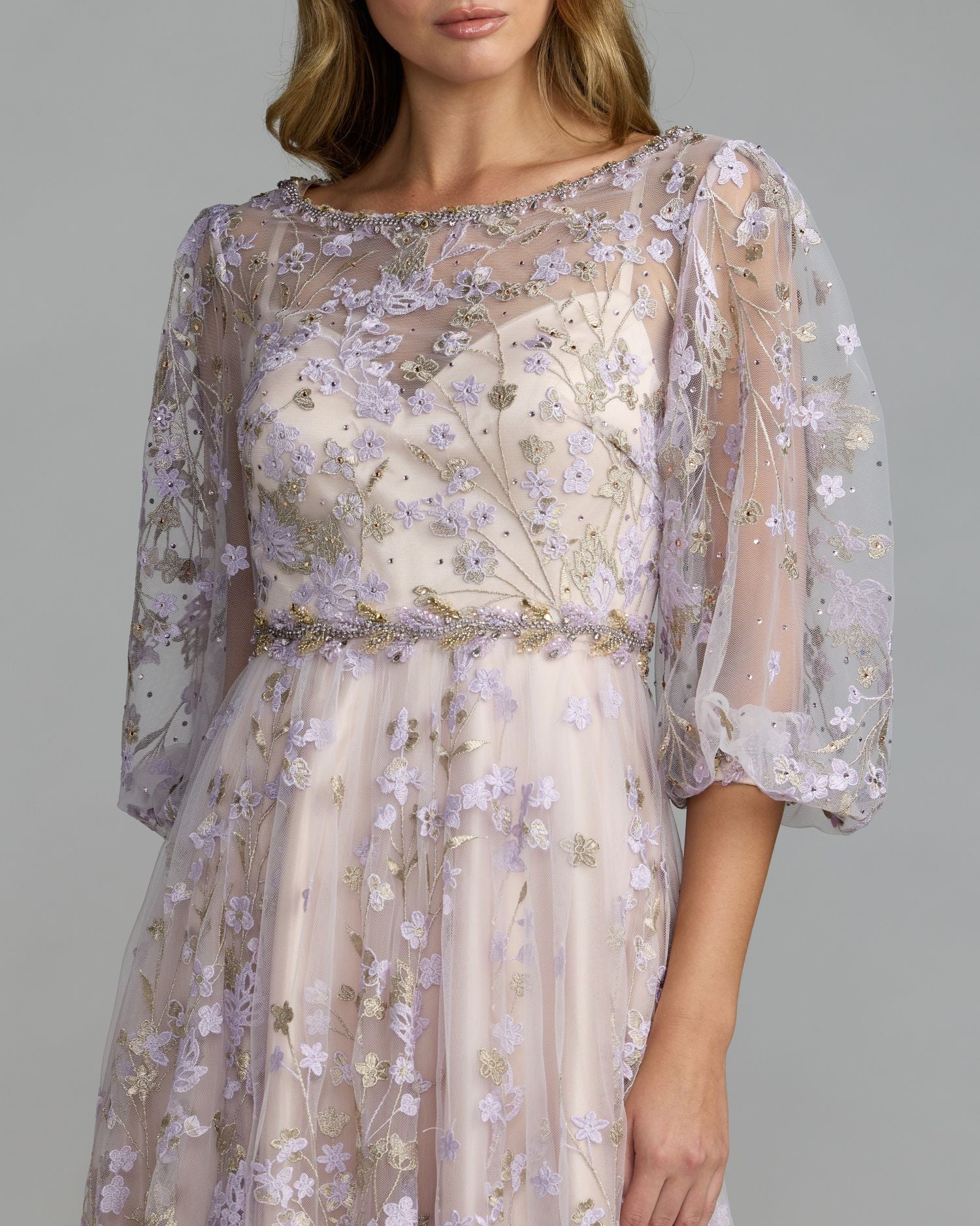 Purple Embroidered A-Line Gown With 3/4 Puff Sleeves - Mac Duggal