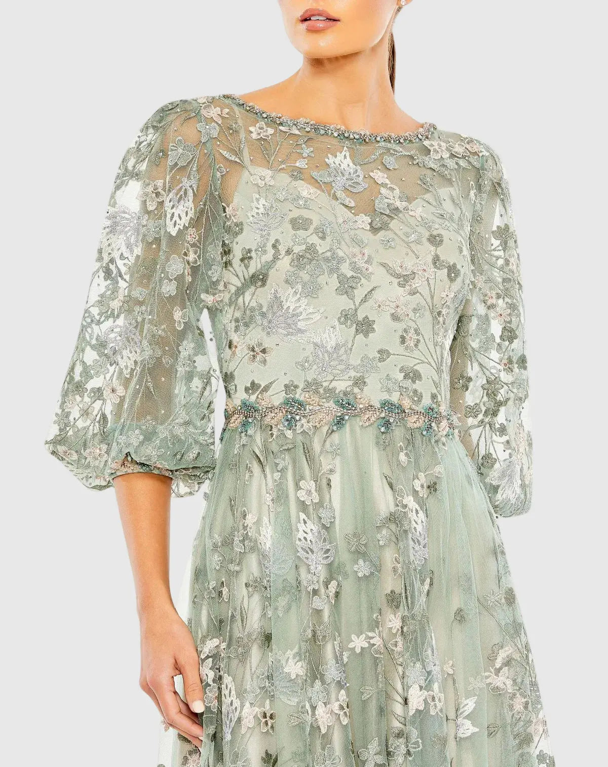 Green Embroidered High Neck A-Line Gown With 3/4 Puff Sleeves - Mac Duggal