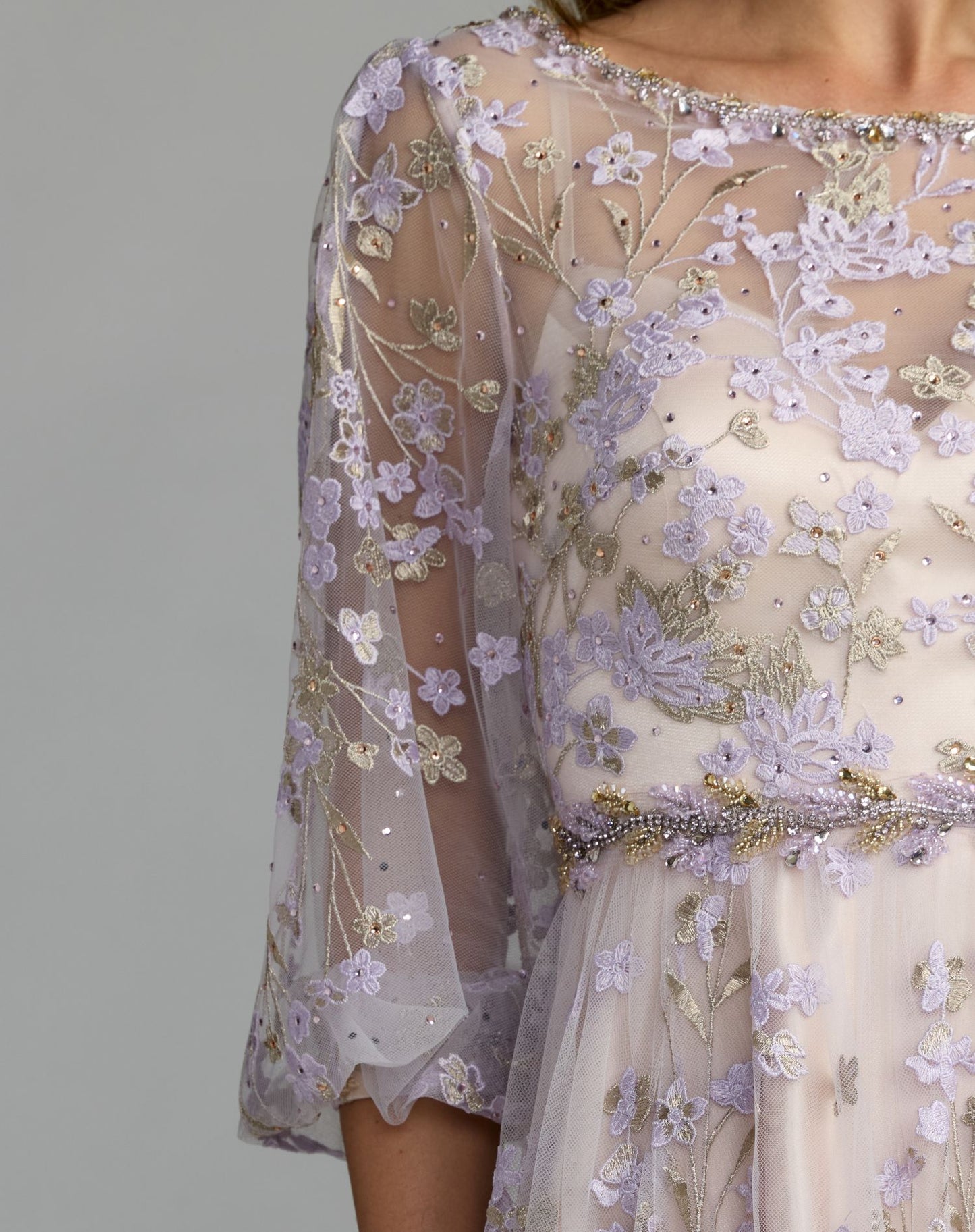 Purple Embroidered A-Line Gown With 3/4 Puff Sleeves - Mac Duggal