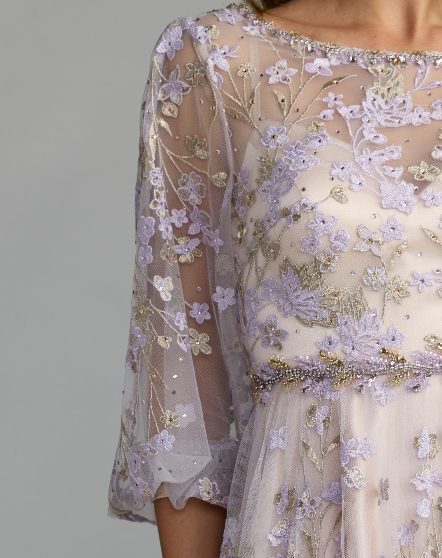 Purple Embroidered A-Line Gown With 3/4 Puff Sleeves - Mac Duggal