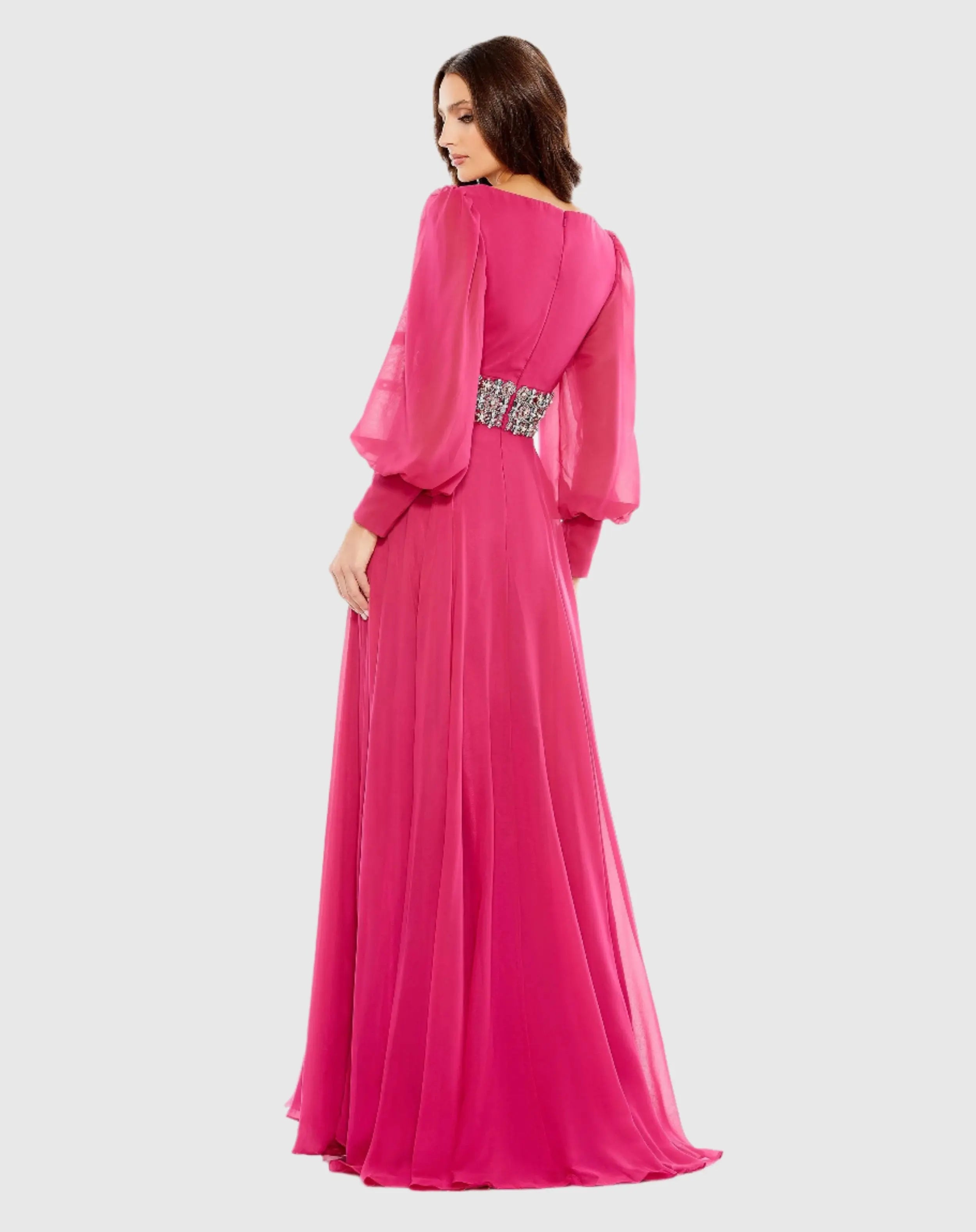 Bishop Sleeve Wrap Over Belt Detail Flowy Gown - Mac Duggal