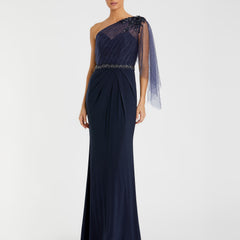 Embellished One Shoulder Draped Gown