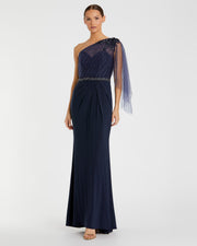 Embellished One Shoulder Draped Gown