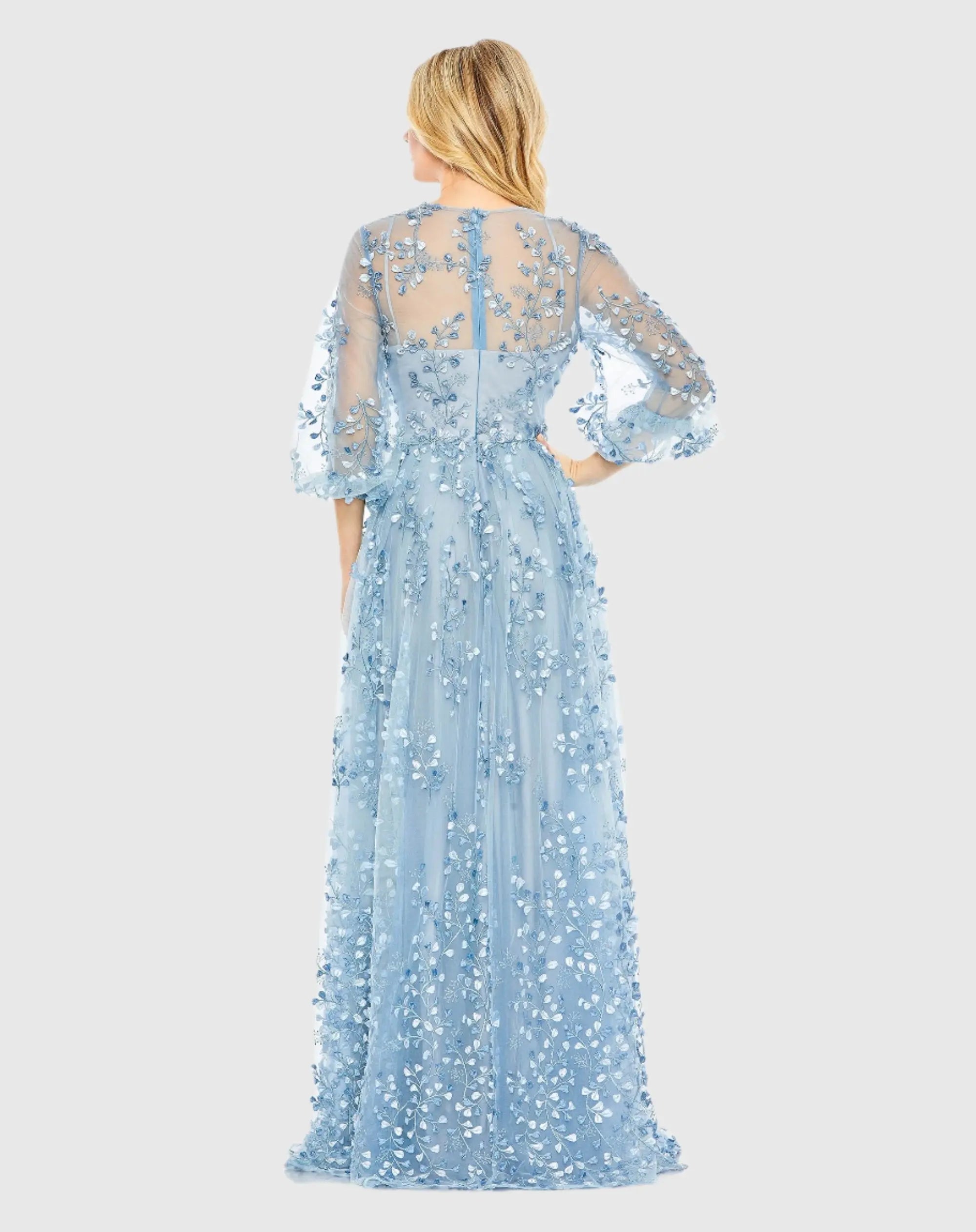Blue Embroidered Puff Sleeve A-Line Gown - Mac Duggal