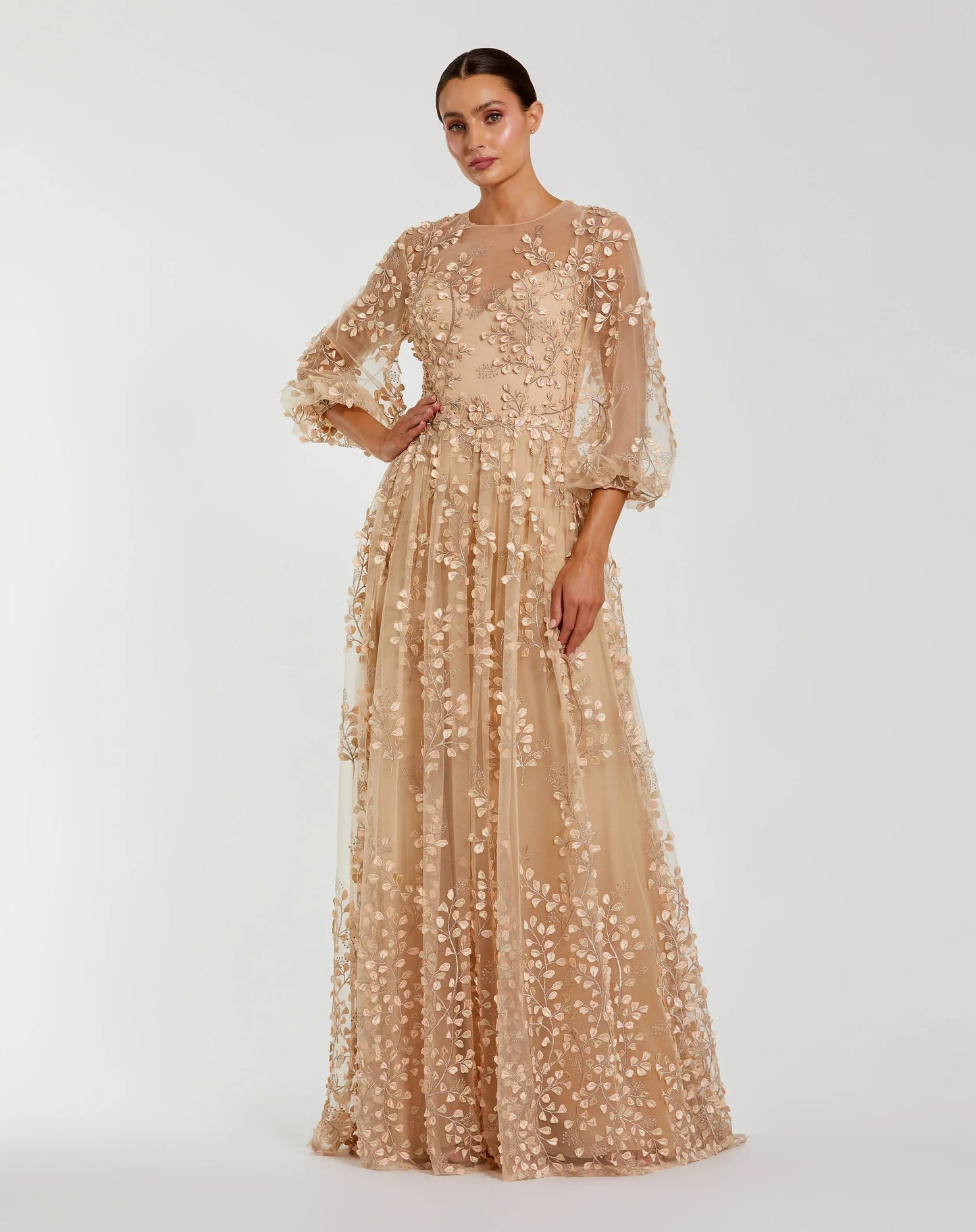 Beige Embroidered Puff Sleeve A-Line Gown - Mac Duggal