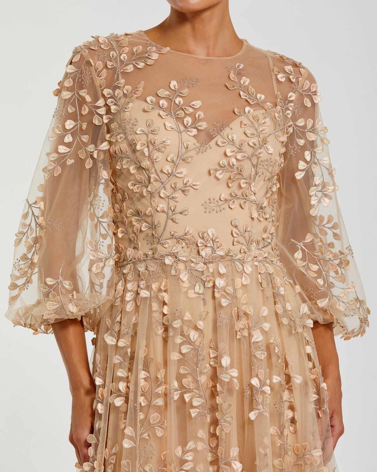 Beige Embroidered Puff Sleeve A-Line Gown - Mac Duggal