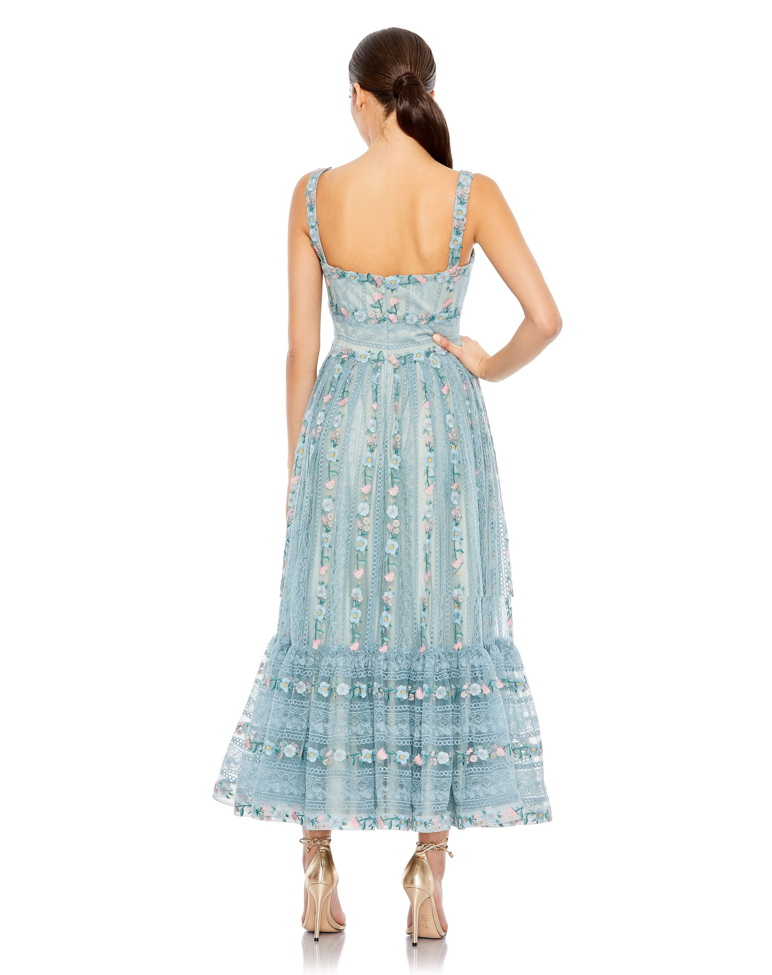Embroidered Square Neck Sleeveless Ruffled Gown | Sample | Sz. 4