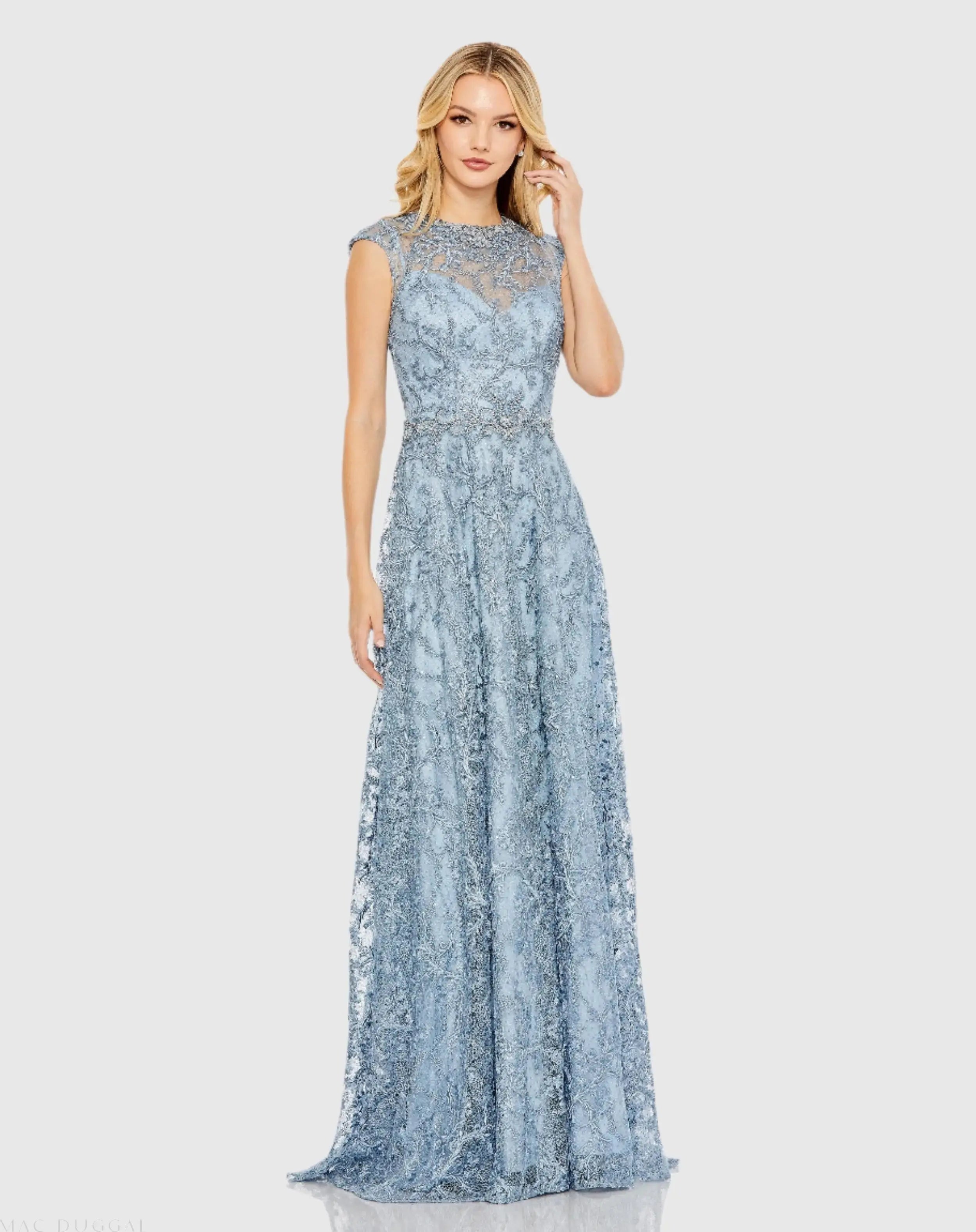 Blue Embroidered Cap Sleeve A Line Gown - Mac Duggal