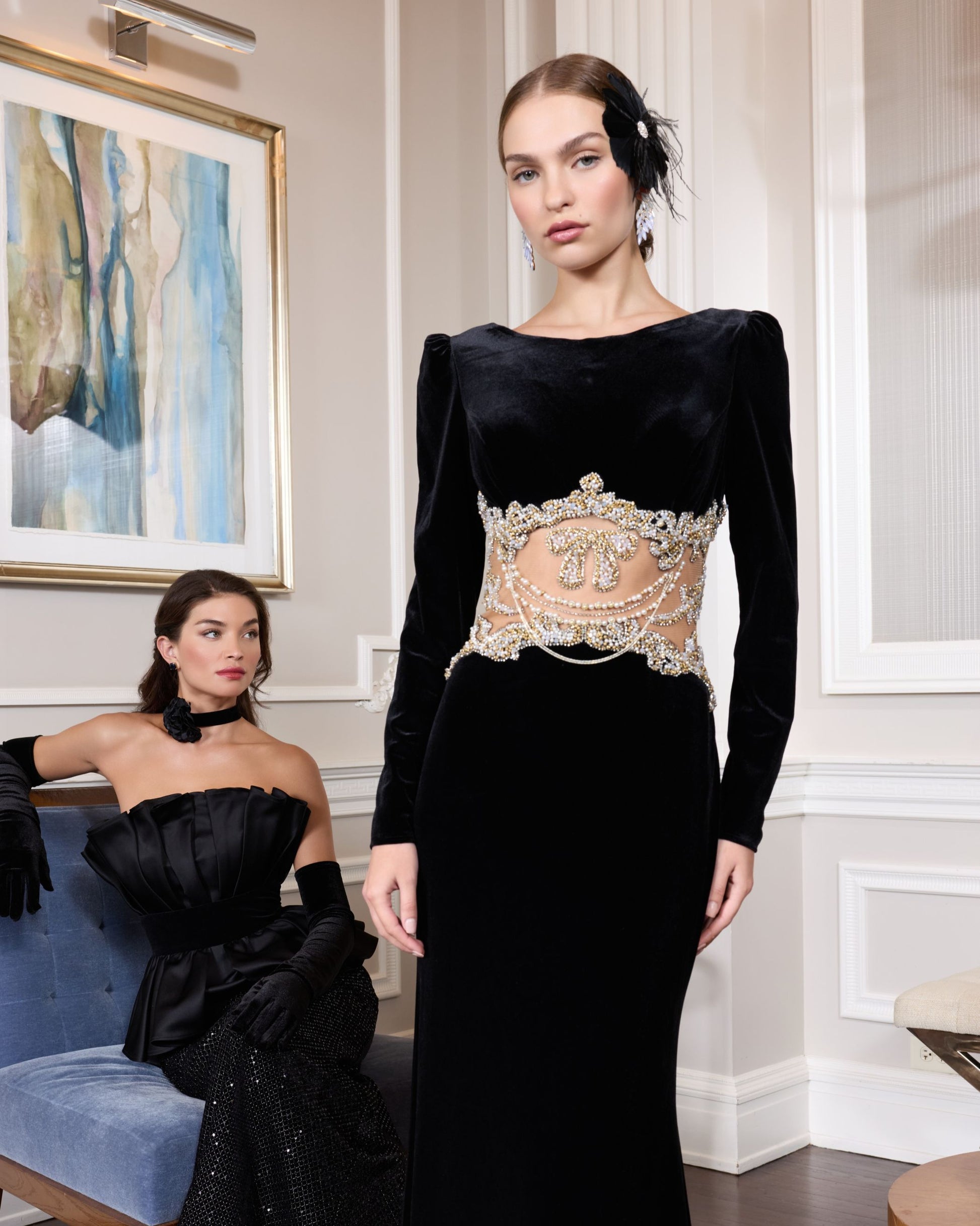 Black Long Sleeve Sheer Embellished Velvet Gown Mac Duggal